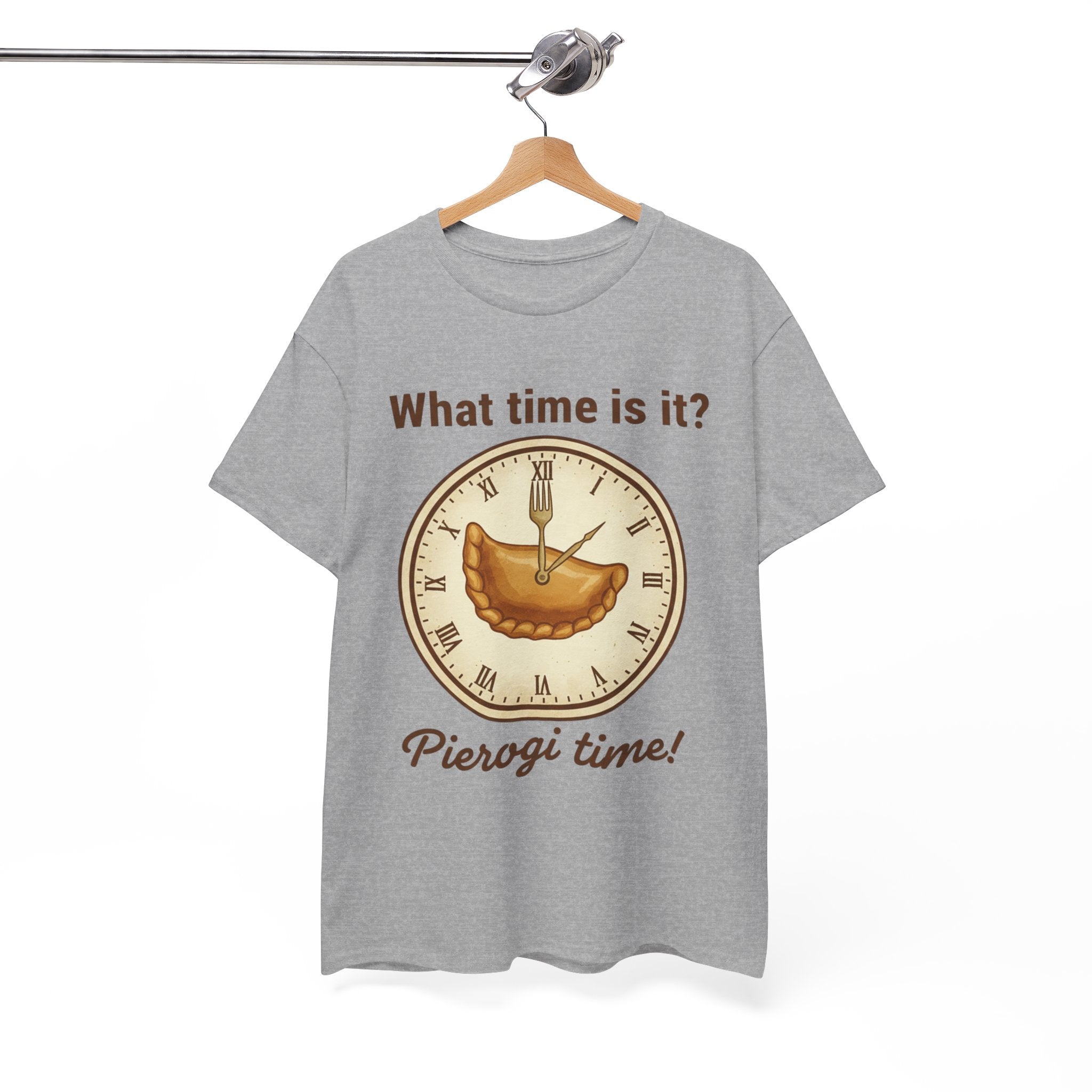Pierogi Time T‑Shirt — "What time is it? Pierogi time!" Vintage Clock Food Tee