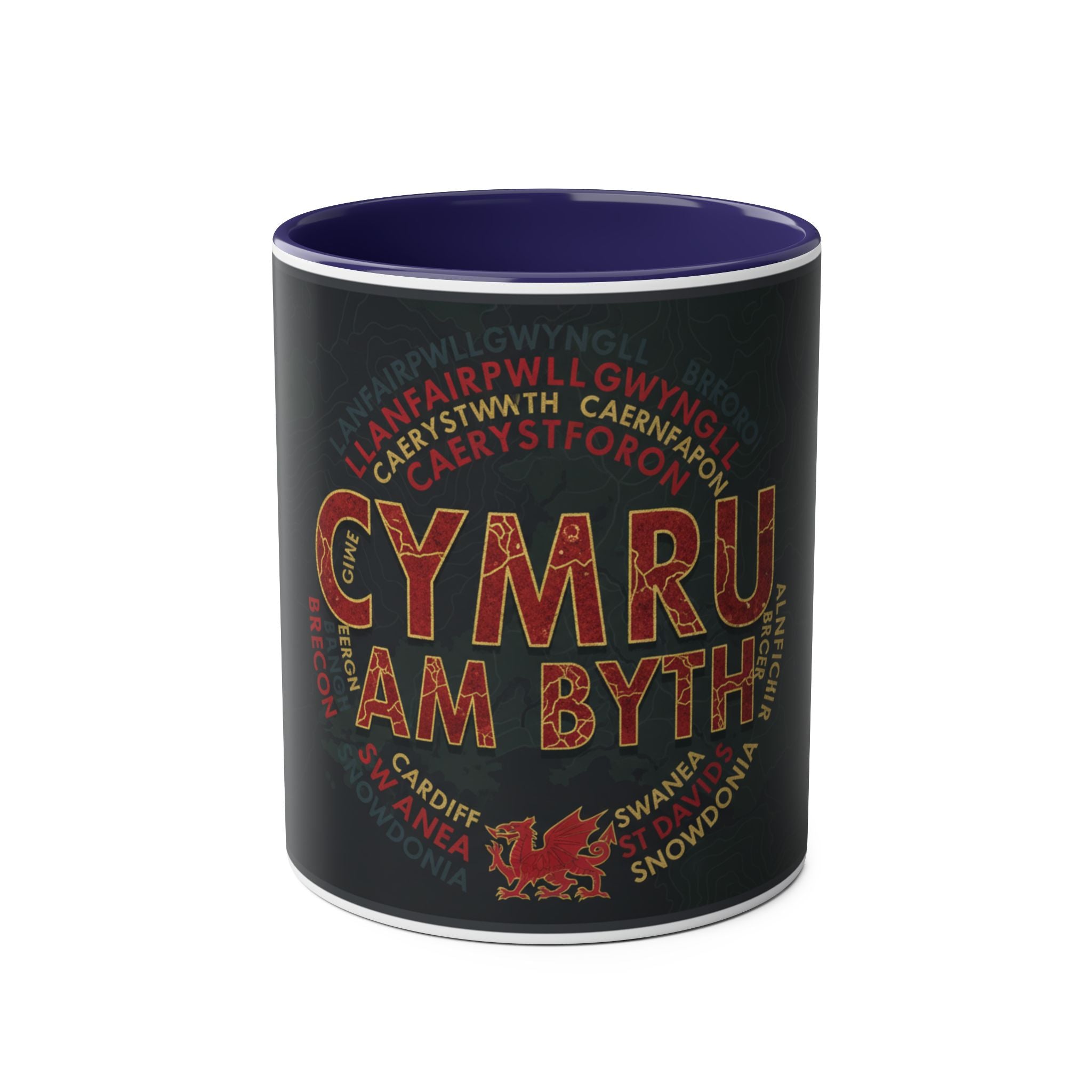 Cymru Am Byth Two-Tone 11oz Coffee Mug — Welsh Pride Map & Place Names