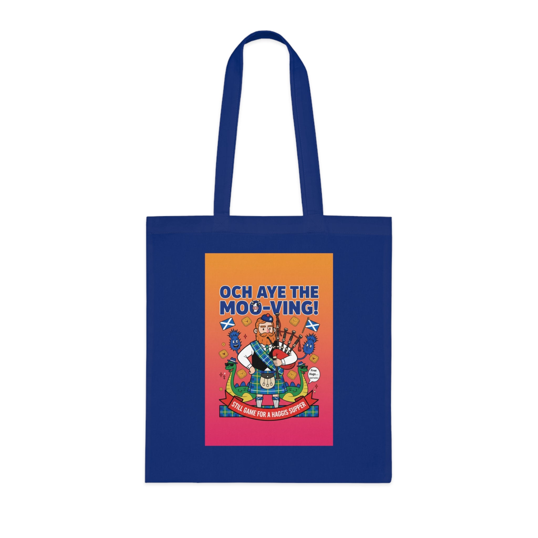 Scottish Cow Cartoon Cotton Tote — "Och Aye the Moo-ving!" Funny Celtic Grocery Bag