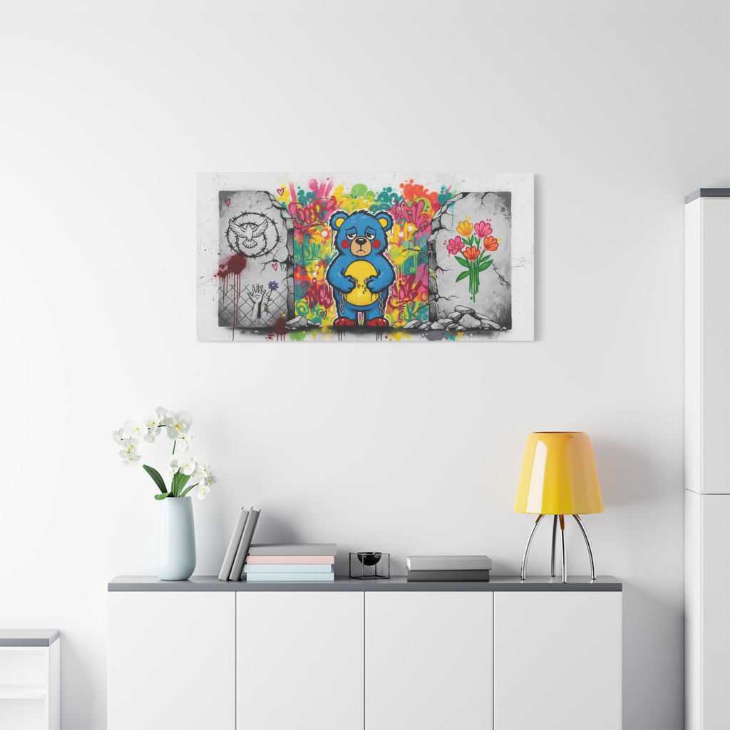 Graffiti Blue Bear Matte Canvas Print — Urban Street Art Wall Decor