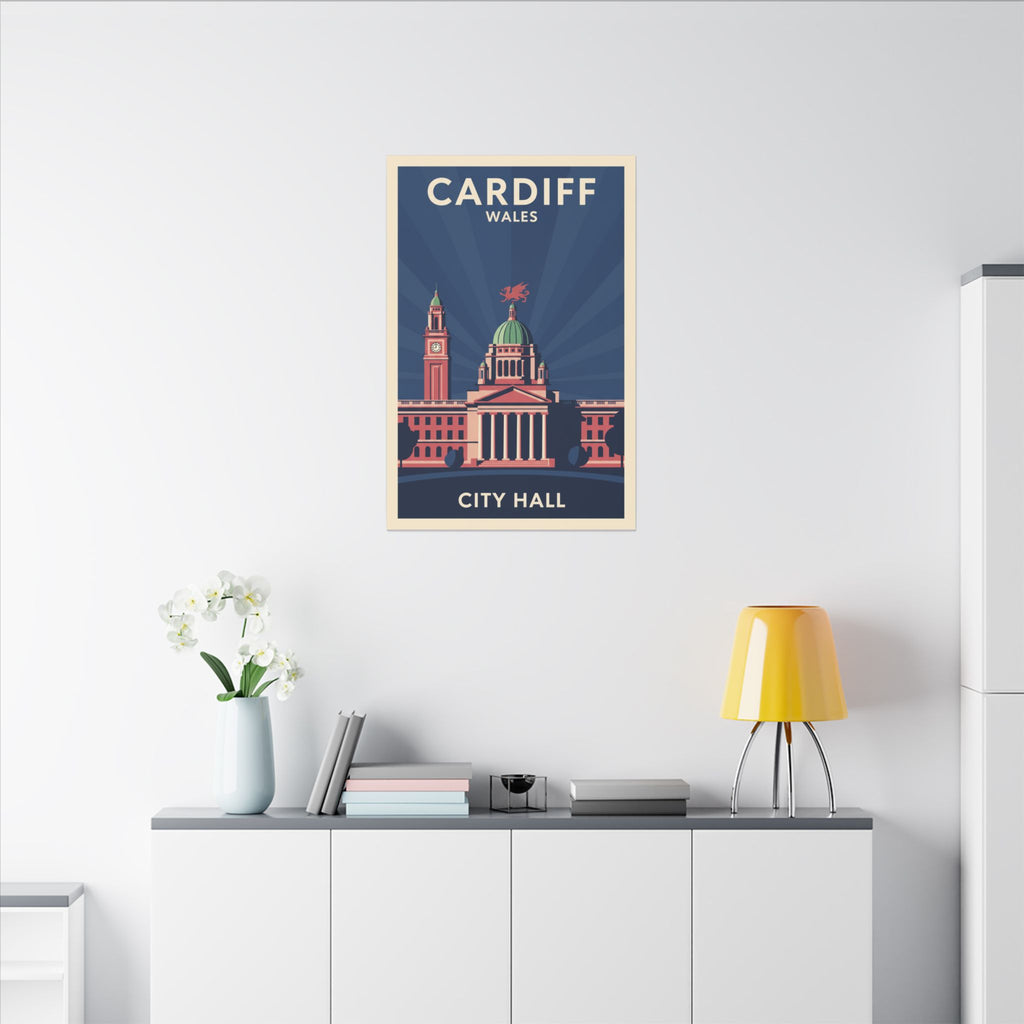 Cardiff City Hall Matte Canvas Wall Art — Vintage Wales Travel Poster