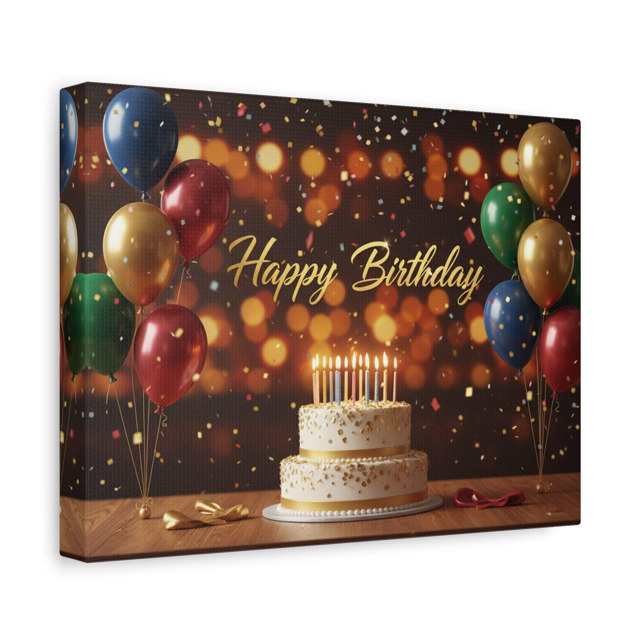 Happy Birthday Canvas Wall Art — Celebration Cake & Balloons Matte Stretched Print