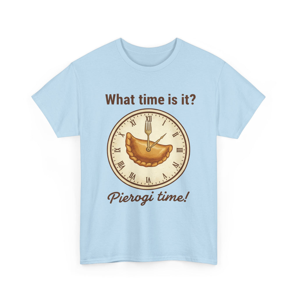 Pierogi Time T‑Shirt — "What time is it? Pierogi time!" Vintage Clock Food Tee