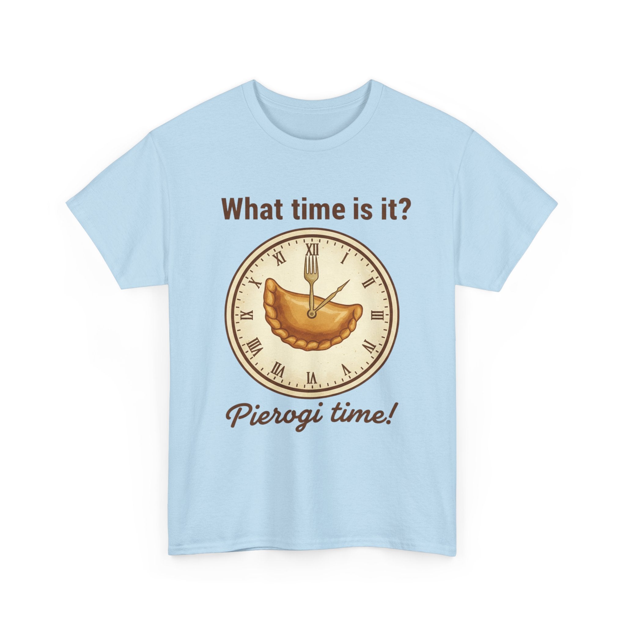 Pierogi Time T‑Shirt — "What time is it? Pierogi time!" Vintage Clock Food Tee