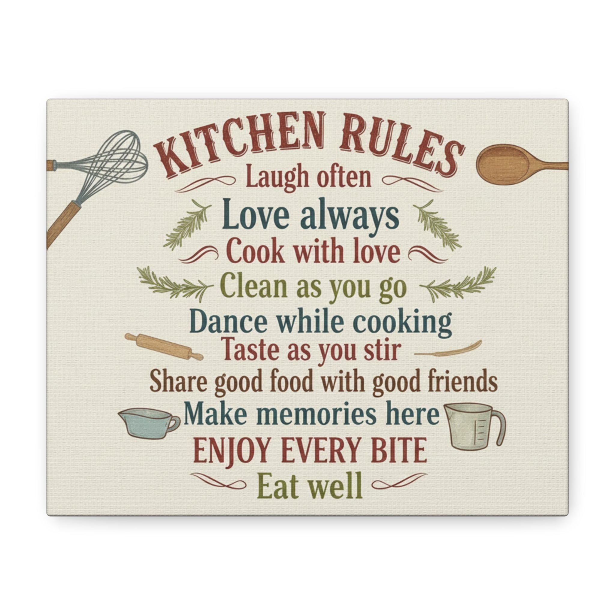 Kitchen Rules Canvas Wall Art — "Cook with Love" Inspirational Kitchen Sign