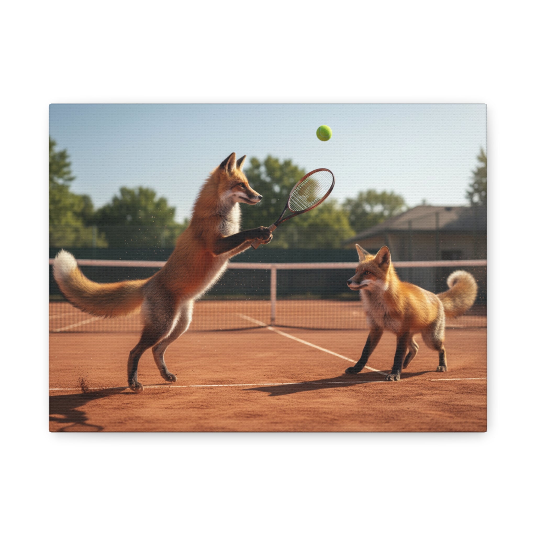 Foxes Playing Tennis Matte Canvas Wall Art — Whimsical Animal Sports Print