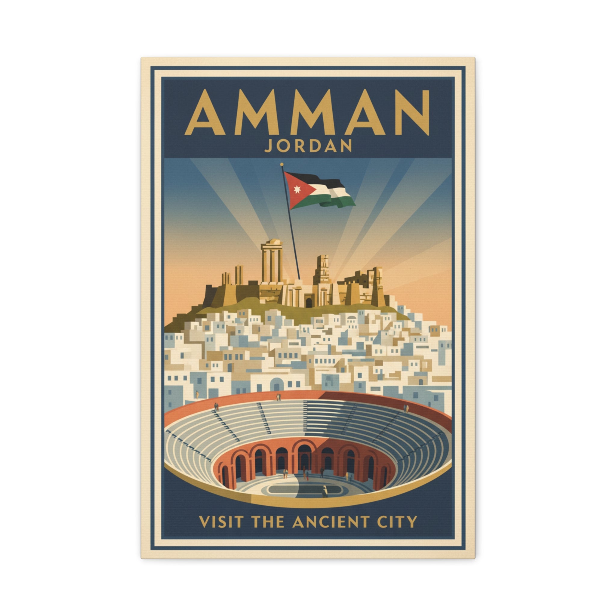 Amman Jordan Vintage Travel Canvas – "Visit the Ancient City" Stretched Wall Art
