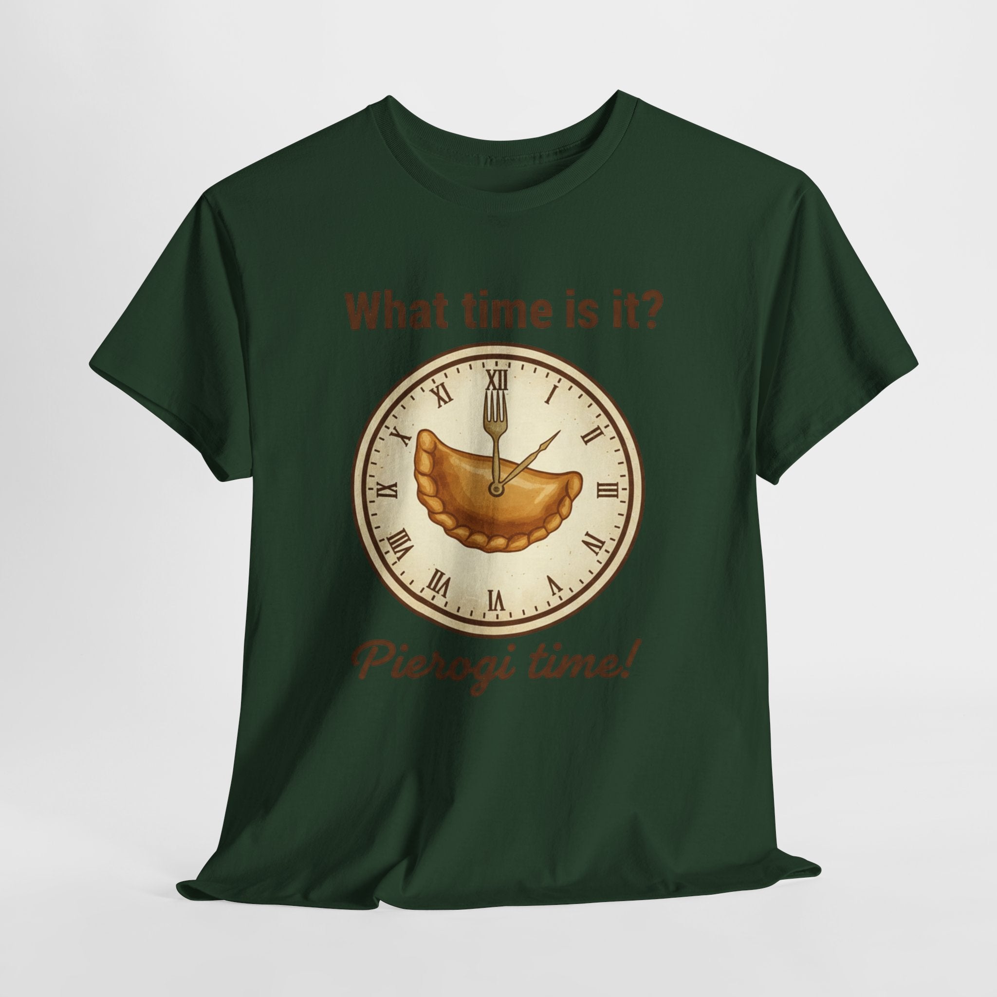 Pierogi Time T‑Shirt — "What time is it? Pierogi time!" Vintage Clock Food Tee