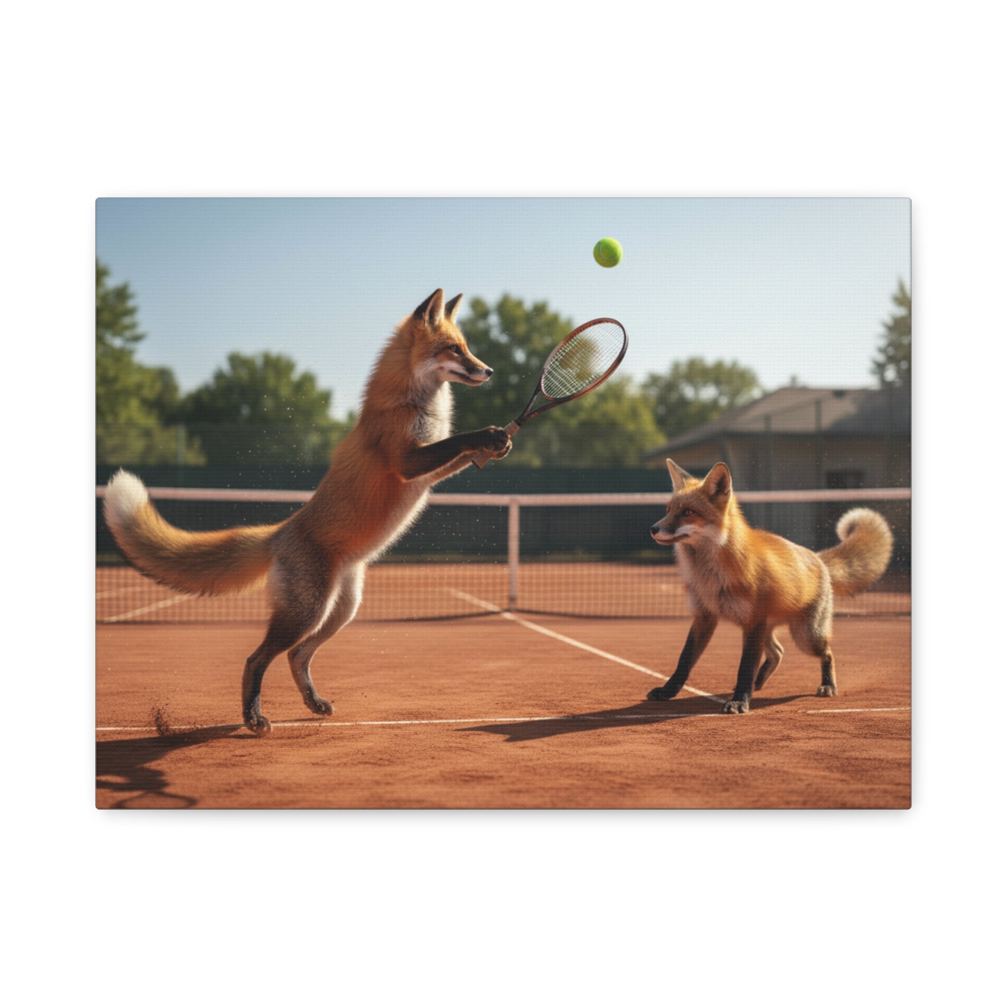 Foxes Playing Tennis Matte Canvas Wall Art — Whimsical Animal Sports Print