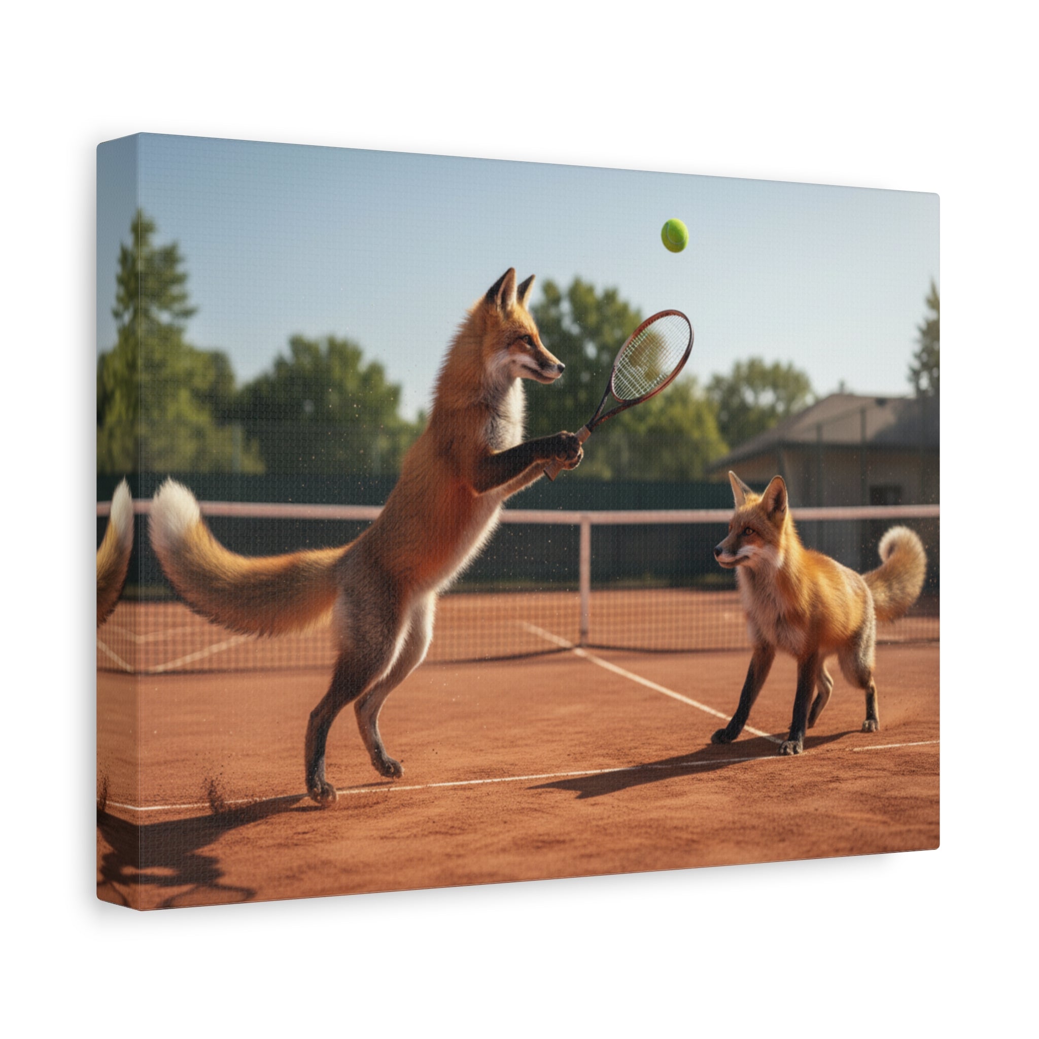 Foxes Playing Tennis Matte Canvas Wall Art — Whimsical Animal Sports Print