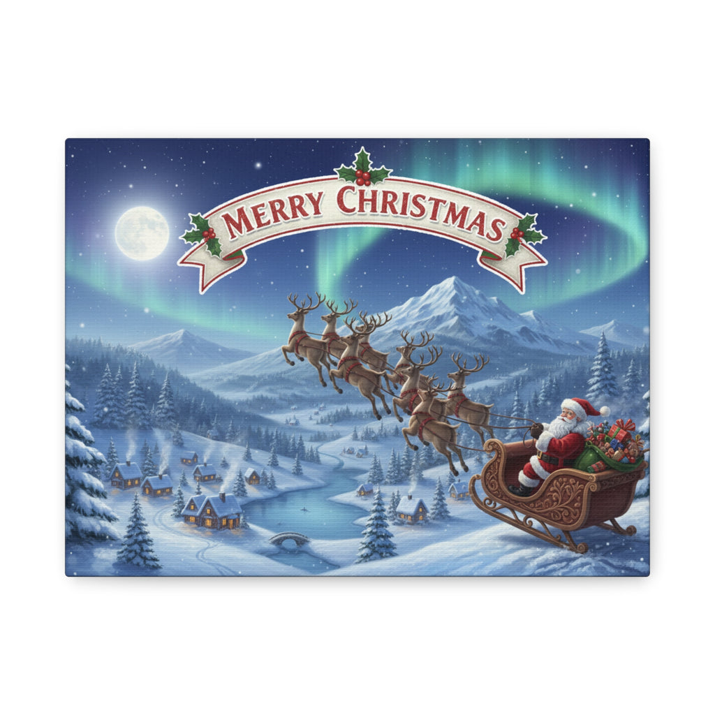 Merry Christmas Canvas Wall Art — Santa Sleigh over Snowy Village
