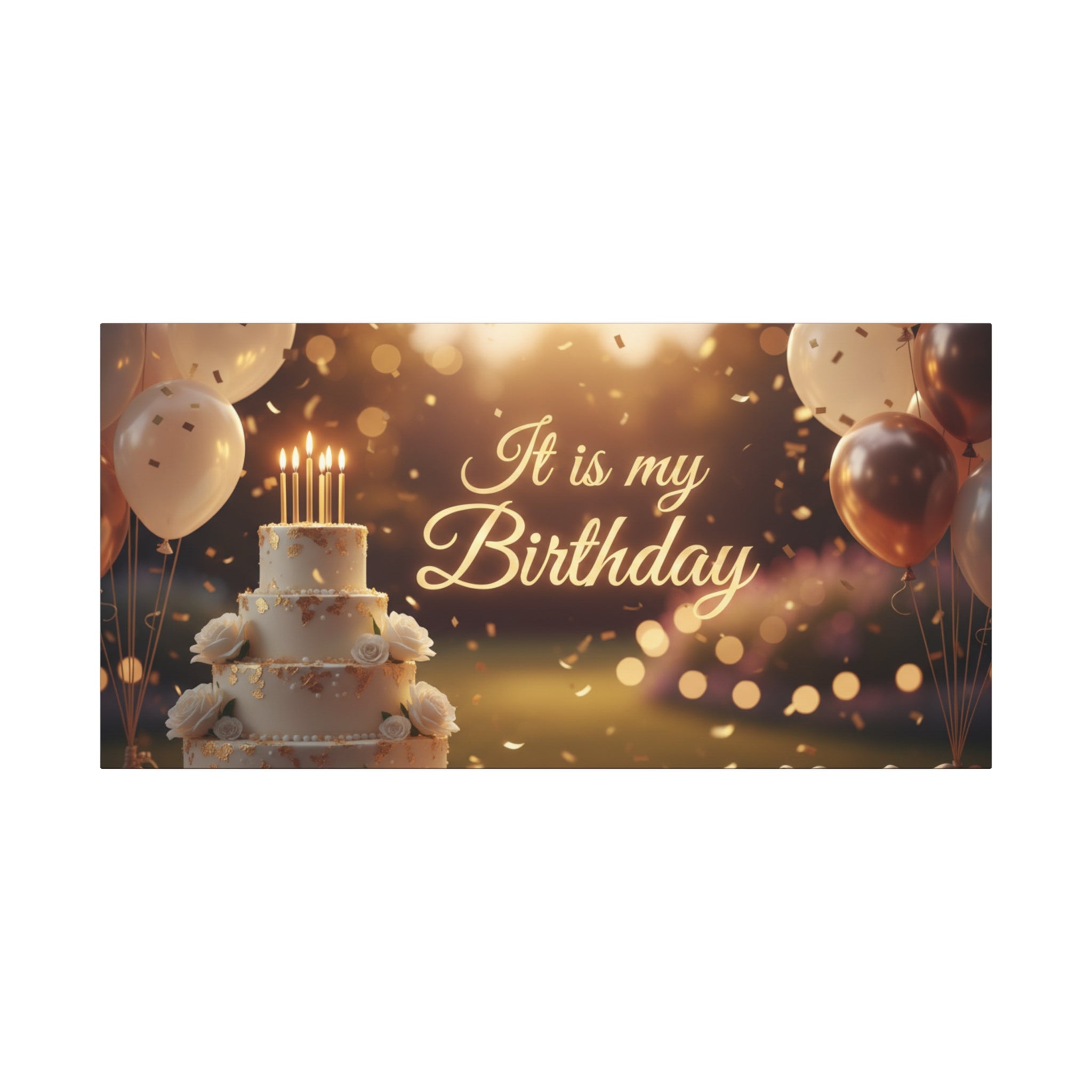 Birthday Canvas Wall Art - "It Is My Birthday" Celebration Cake & Balloons Matte Stretched Canvas