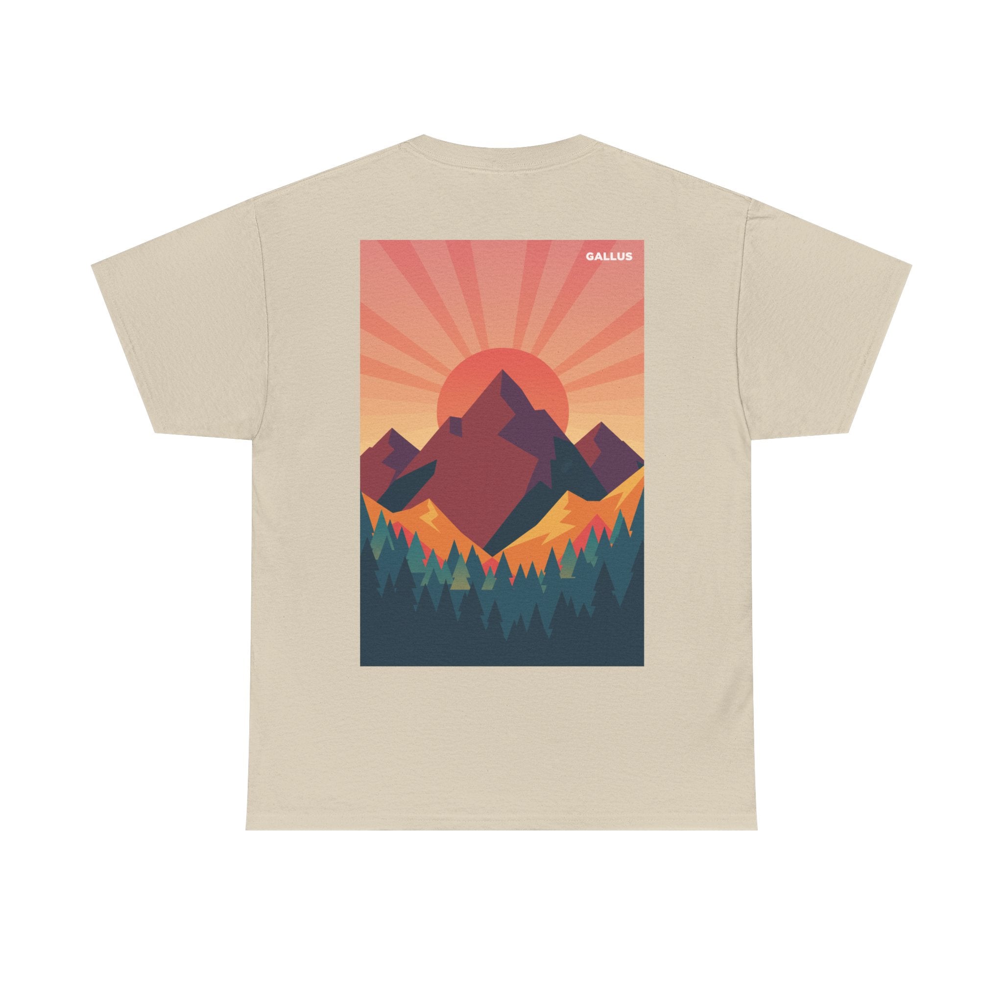 Mountain Sunset T-Shirt — Retro Nature Graphic Tee with 'GALLUS' Logo