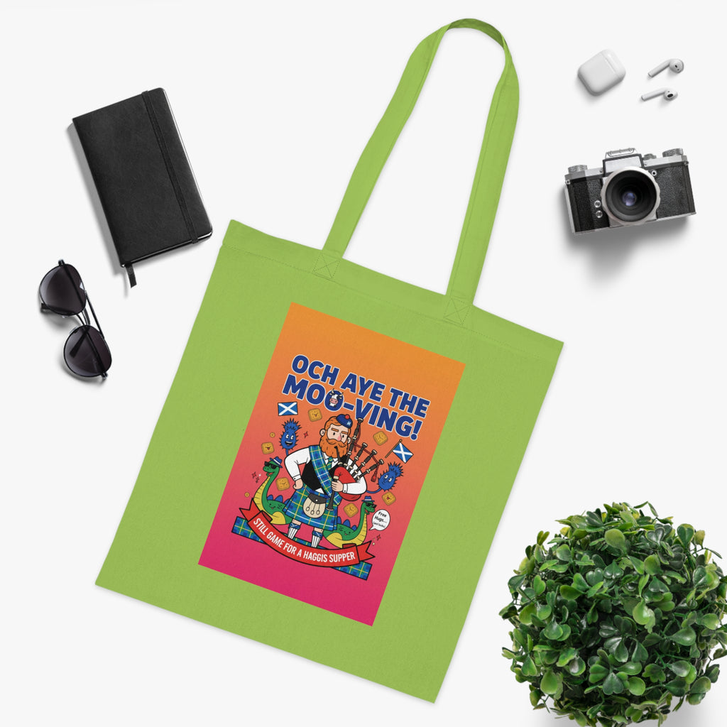 Scottish Cow Cartoon Cotton Tote — "Och Aye the Moo-ving!" Funny Celtic Grocery Bag
