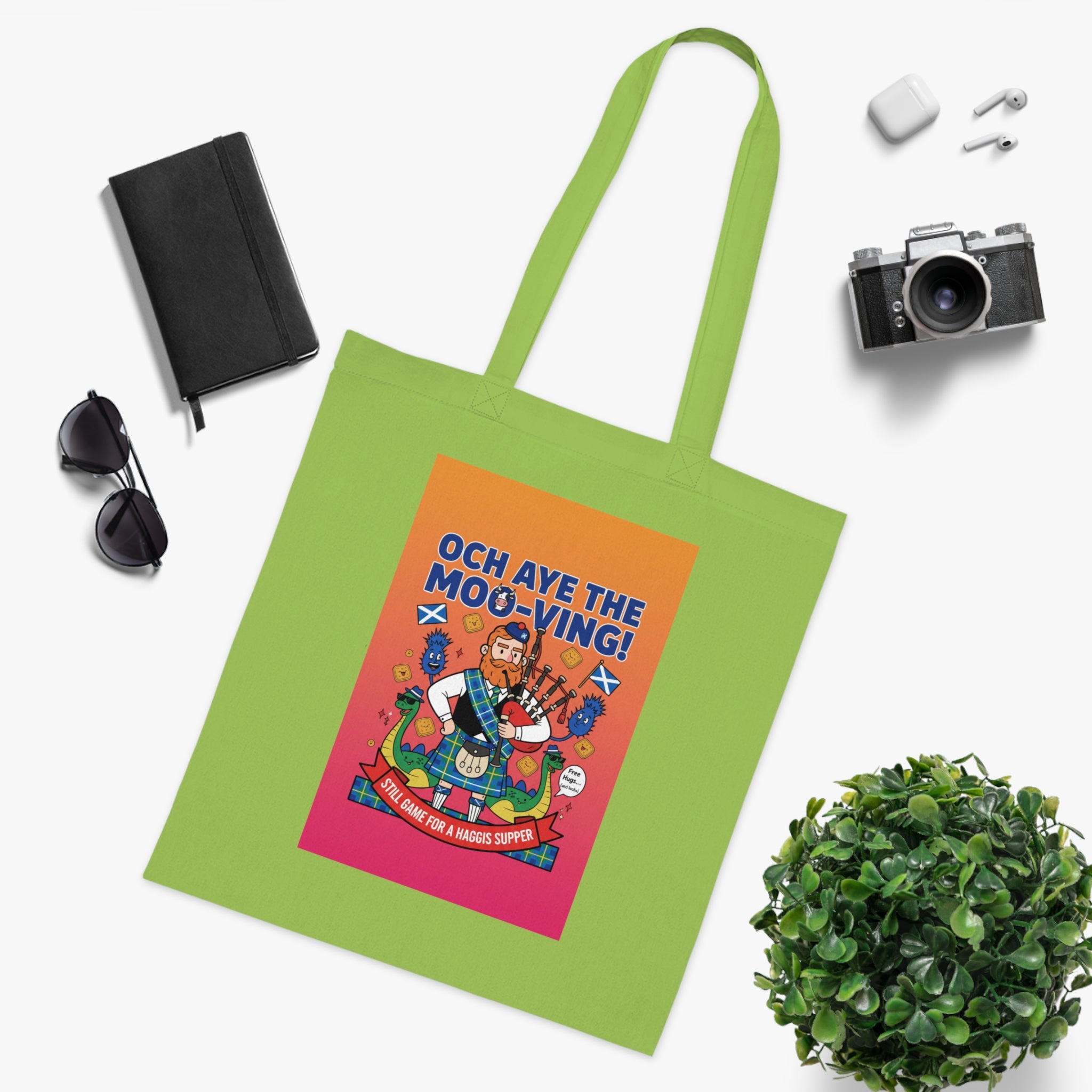 Scottish Cow Cartoon Cotton Tote — "Och Aye the Moo-ving!" Funny Celtic Grocery Bag