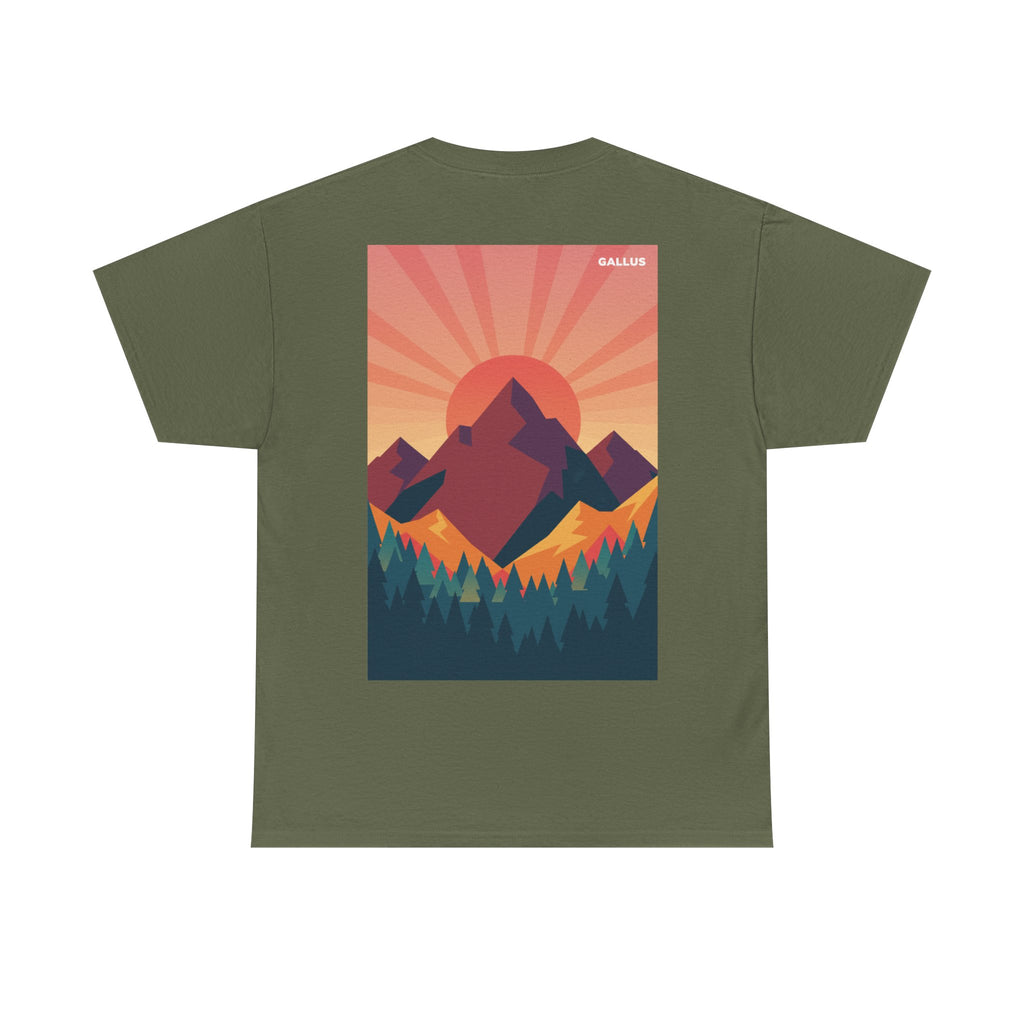 Mountain Sunset Graphic Tee — Vintage Nature Poster Back Print