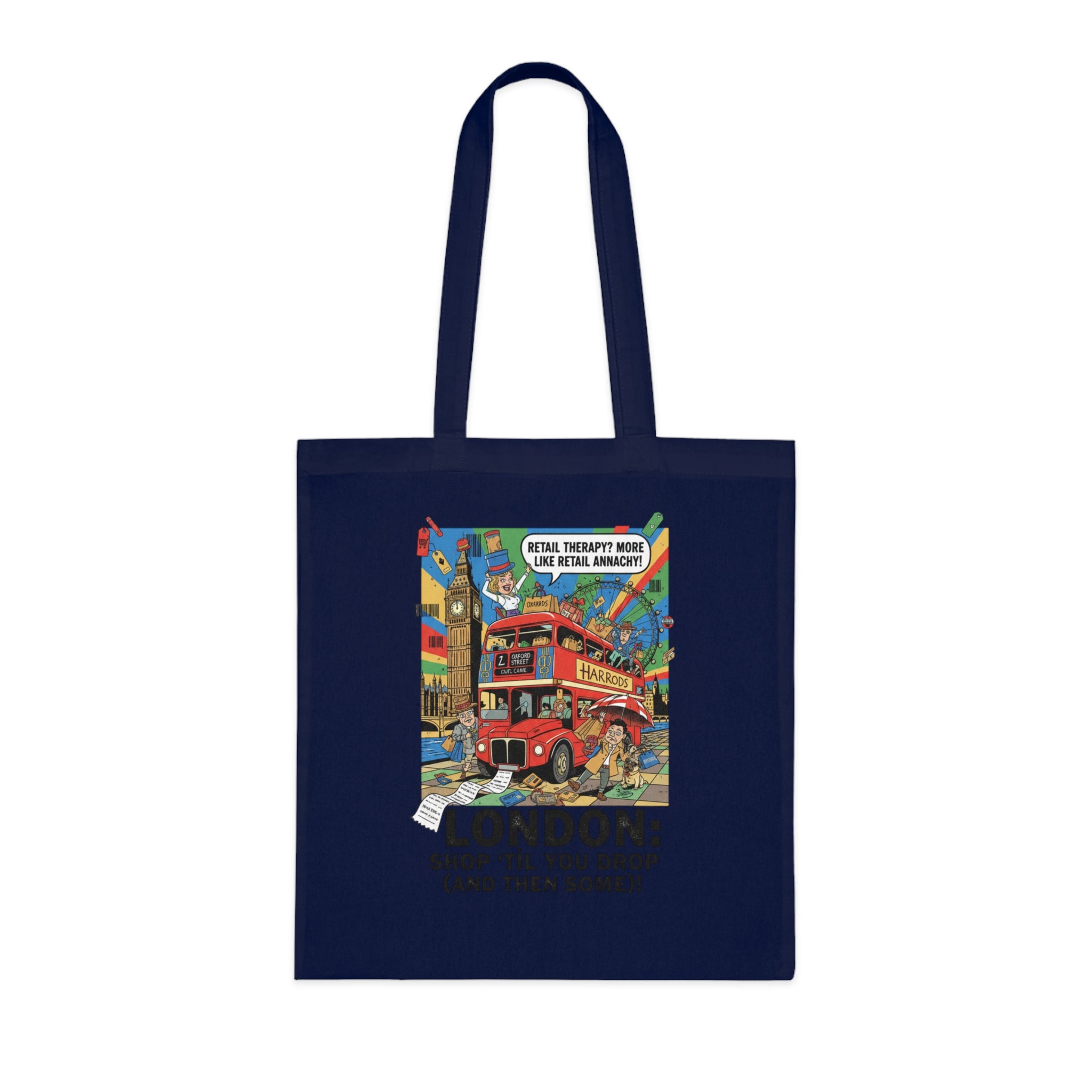 London Vintage Travel Tote Bag — "Shop 'Til You Drop (And Then Some)!" Cotton Shopper