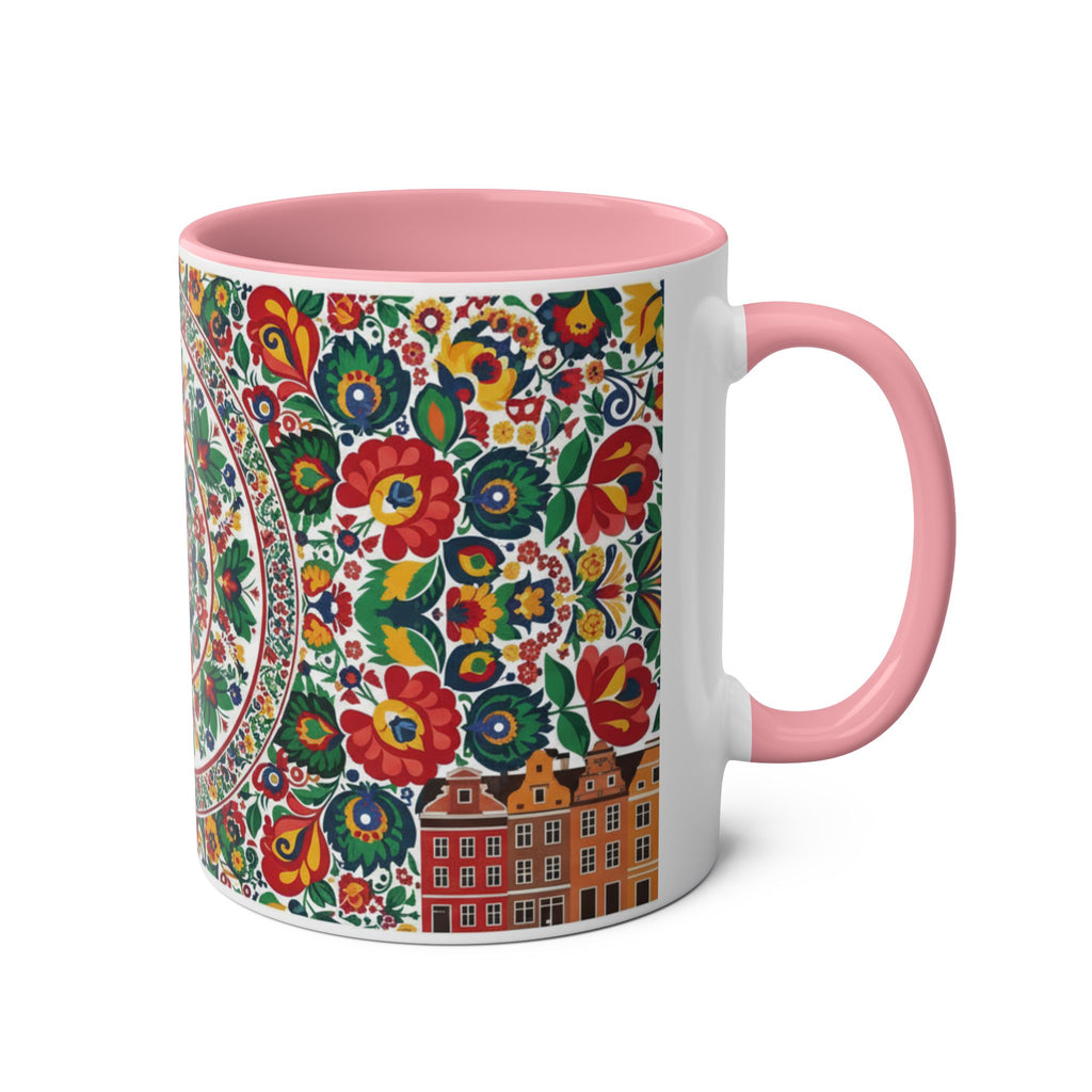 Floral Mandala Two-Tone Coffee Mug — Colorful Folk Art 11oz