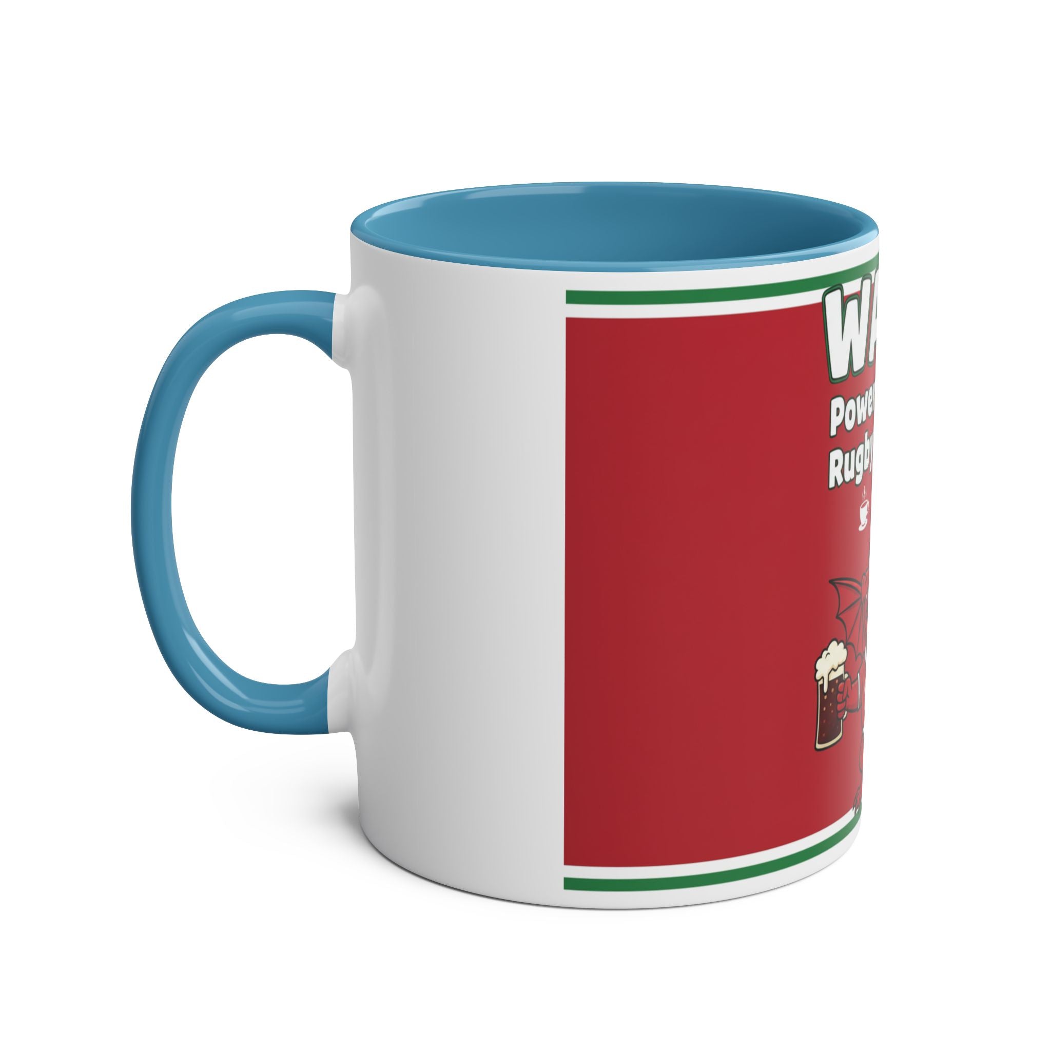 Wales Coffee Mug – "Wales: Powered by Tea, Rugby & Dragons" 11oz Two-Tone Mug