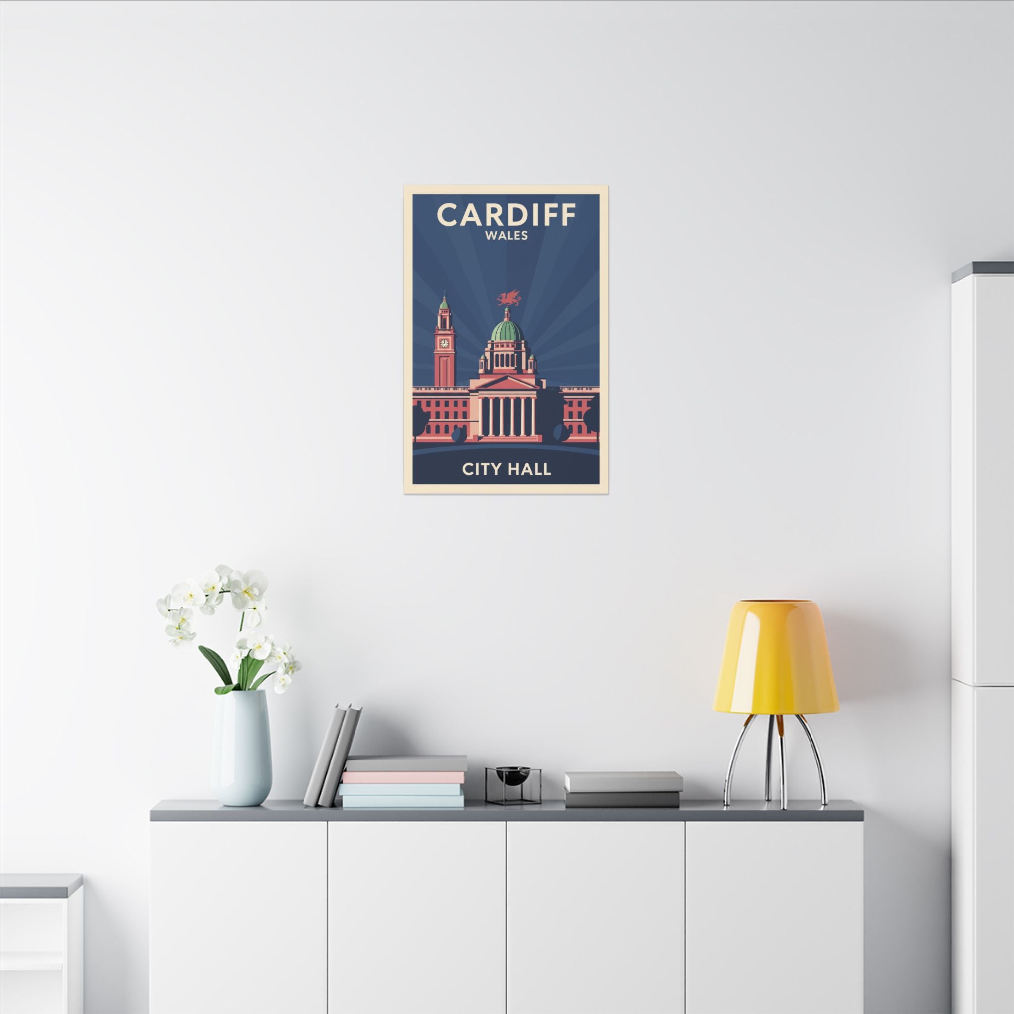 Cardiff City Hall Matte Canvas Wall Art — Vintage Wales Travel Poster