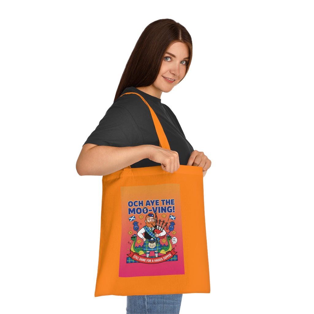 Scottish Cow Cartoon Cotton Tote — "Och Aye the Moo-ving!" Funny Celtic Grocery Bag