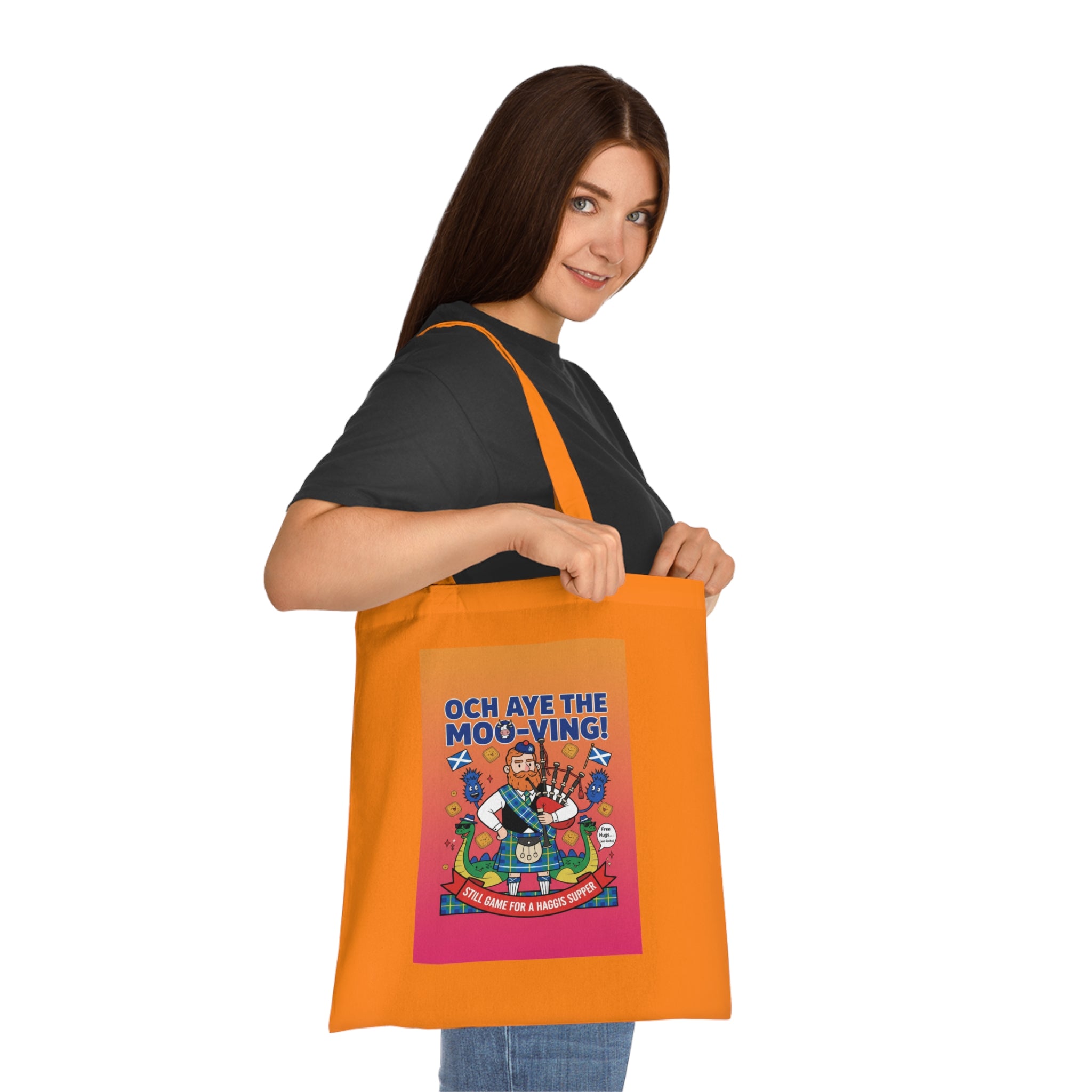 Scottish Cow Cartoon Cotton Tote — "Och Aye the Moo-ving!" Funny Celtic Grocery Bag