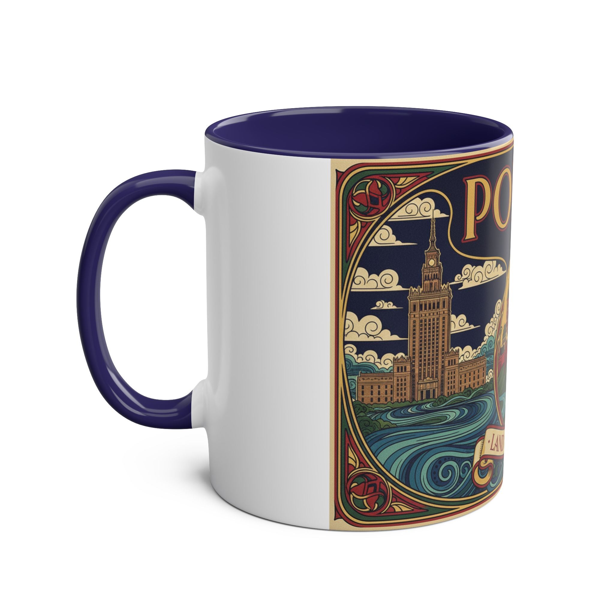 Polska 'Land of Legends' Two-Tone Coffee Mug — 11oz Polish Travel Poster Design