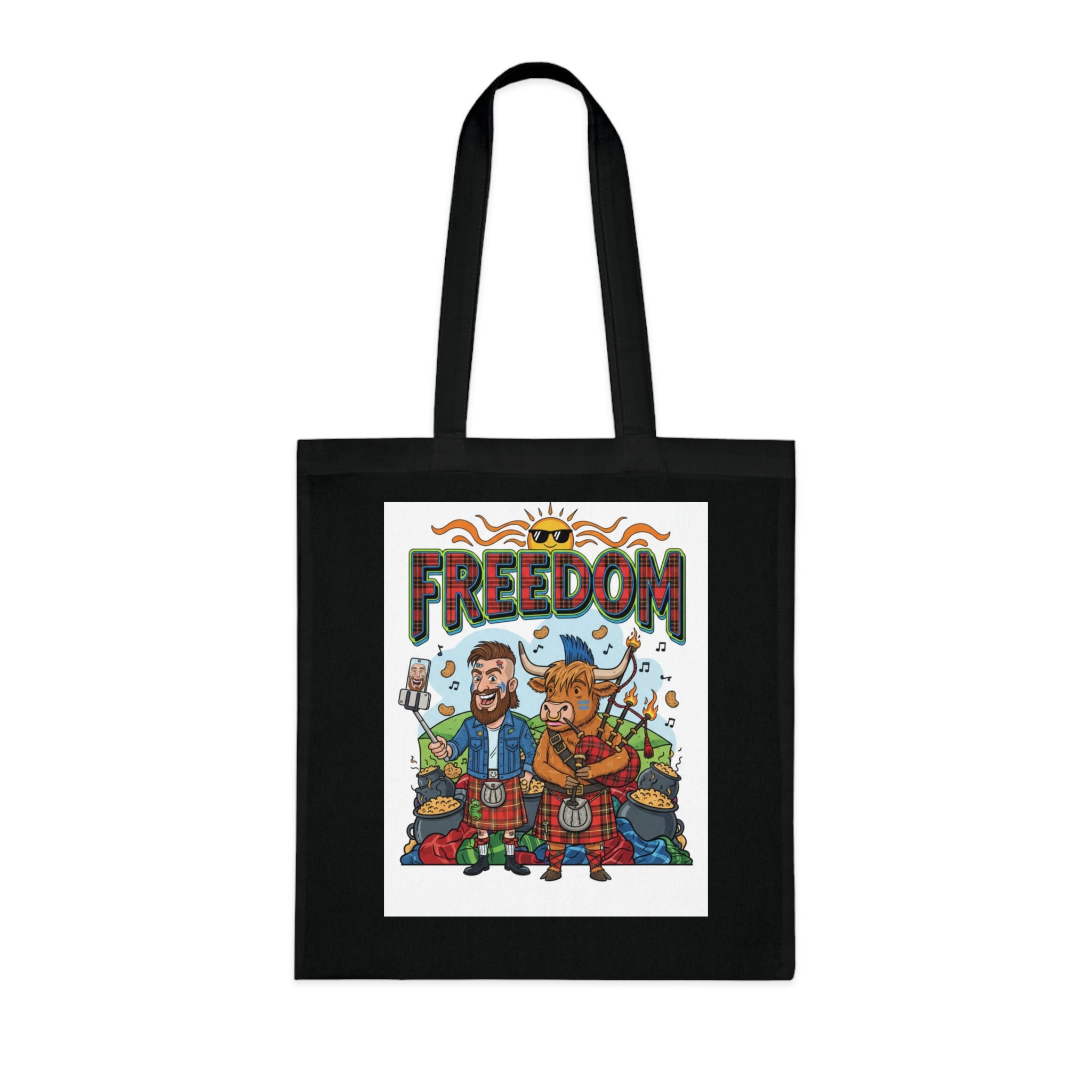 Freedom Scottish Highlanders Cotton Tote — Funny Kilted Bagpipes Design