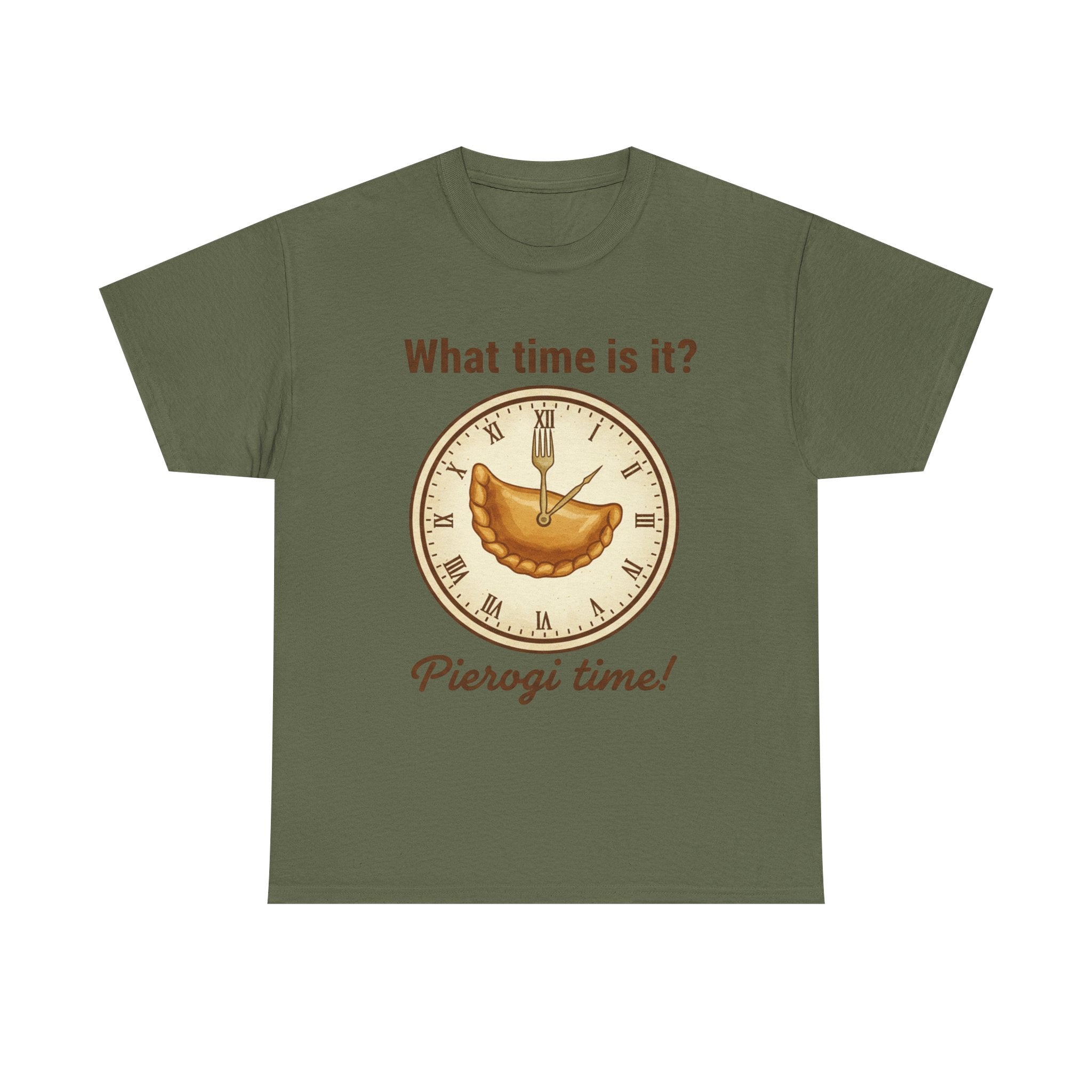 Pierogi Time T‑Shirt — "What time is it? Pierogi time!" Vintage Clock Food Tee