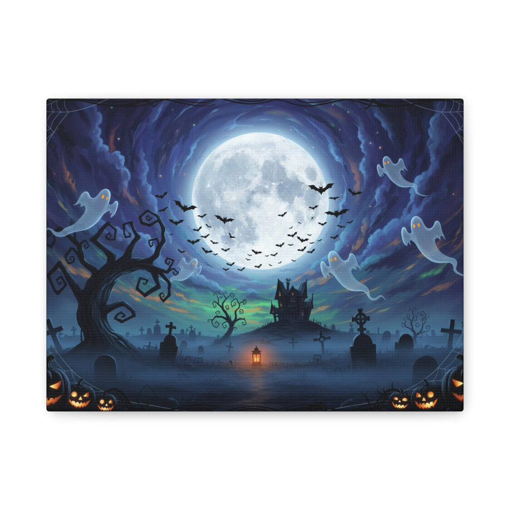 Spooky Night Halloween Canvas Wall Art — Haunted Moonlit Graveyard Scene