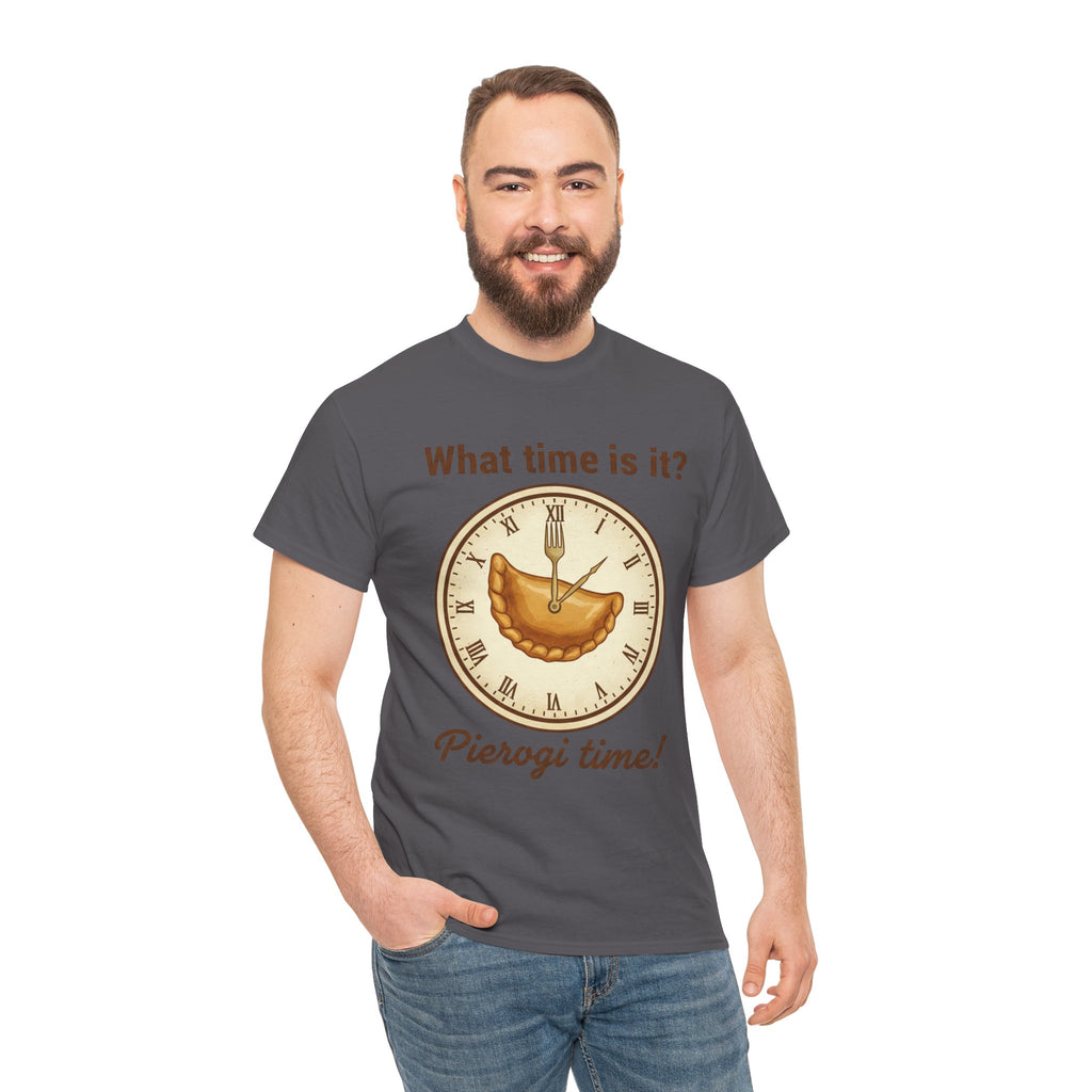 Pierogi Time T‑Shirt — "What time is it? Pierogi time!" Vintage Clock Food Tee