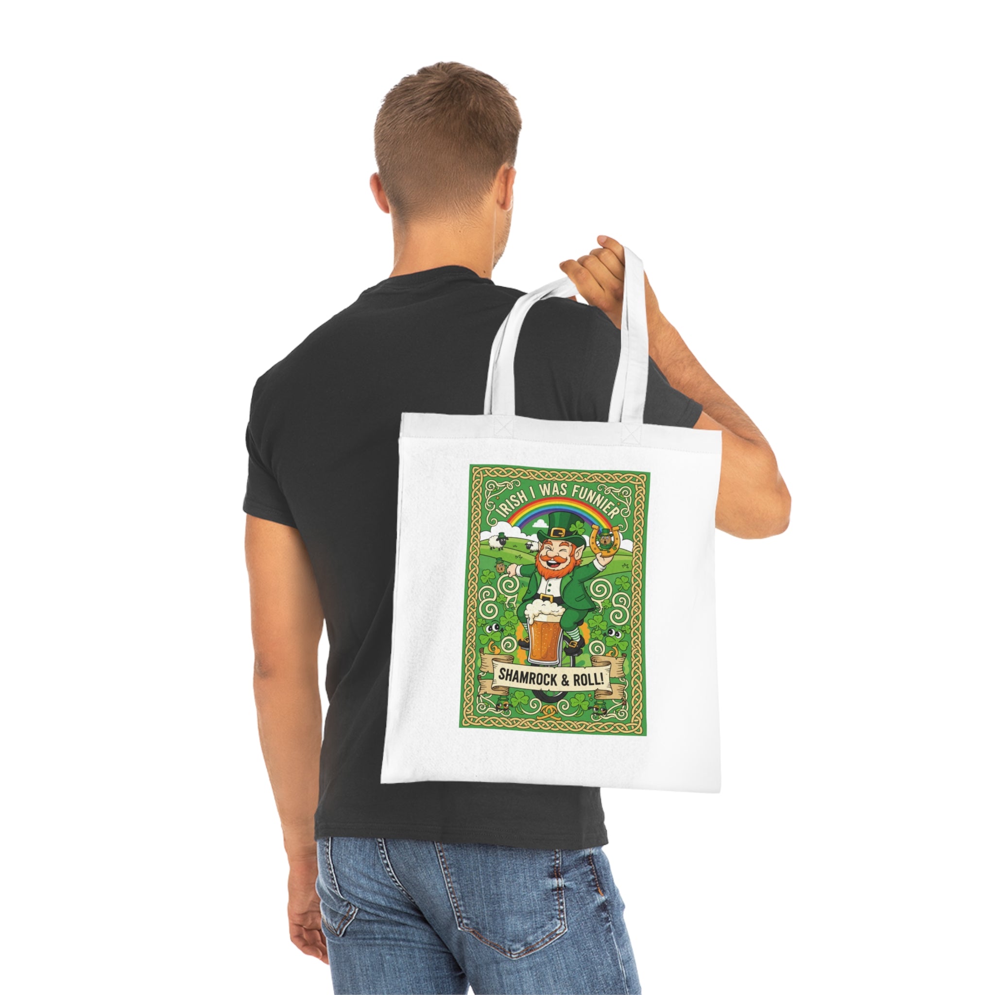 St. Patrick's Day Shamrock & Roll Cotton Tote — 'I Wish I Was Funnier' Leprechaun Design