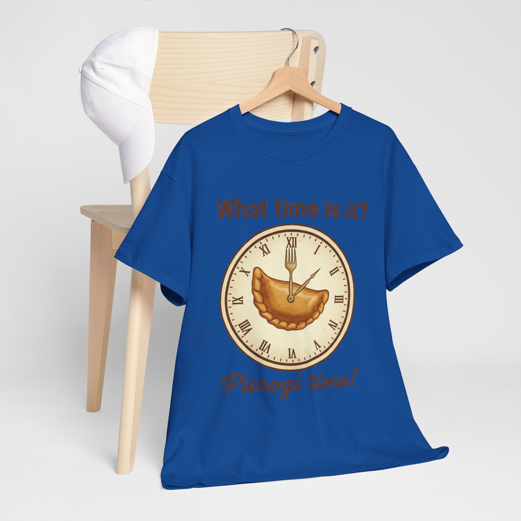 Pierogi Time T‑Shirt — "What time is it? Pierogi time!" Vintage Clock Food Tee