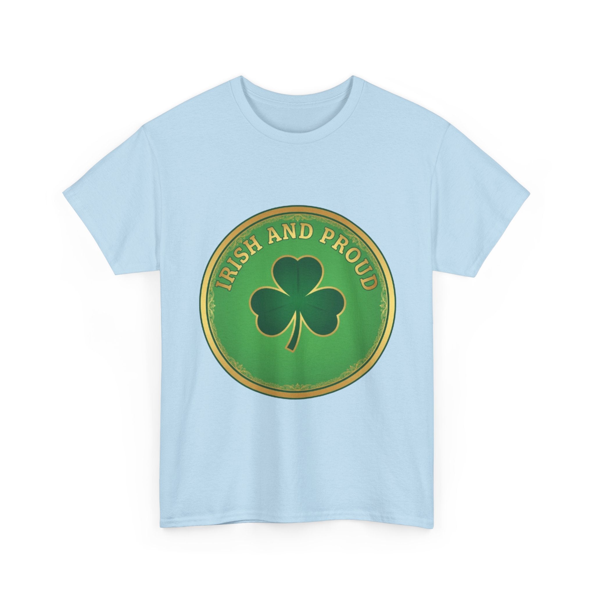 Irish and Proud T-Shirt — Green Shamrock Emblem Tee for St. Patrick's Day