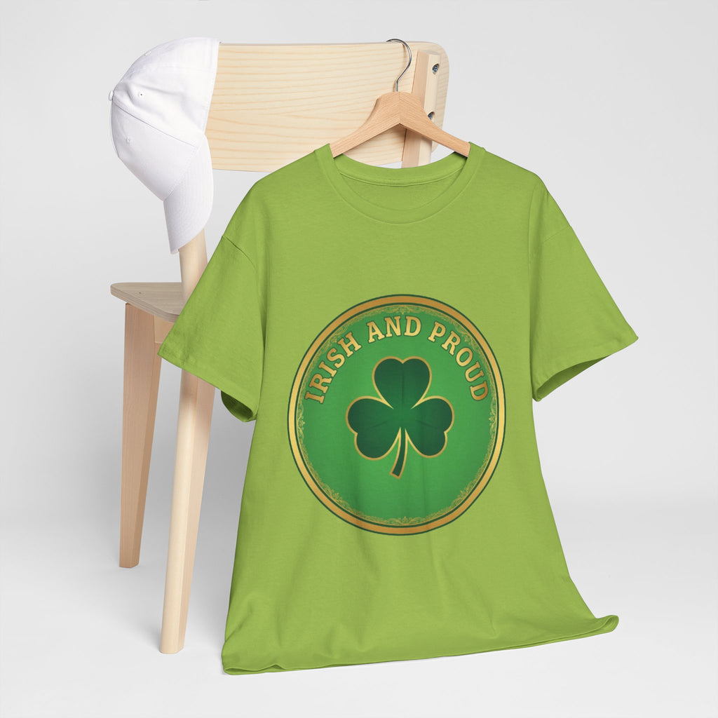 Irish and Proud T-Shirt — Green Shamrock Emblem Tee for St. Patrick's Day