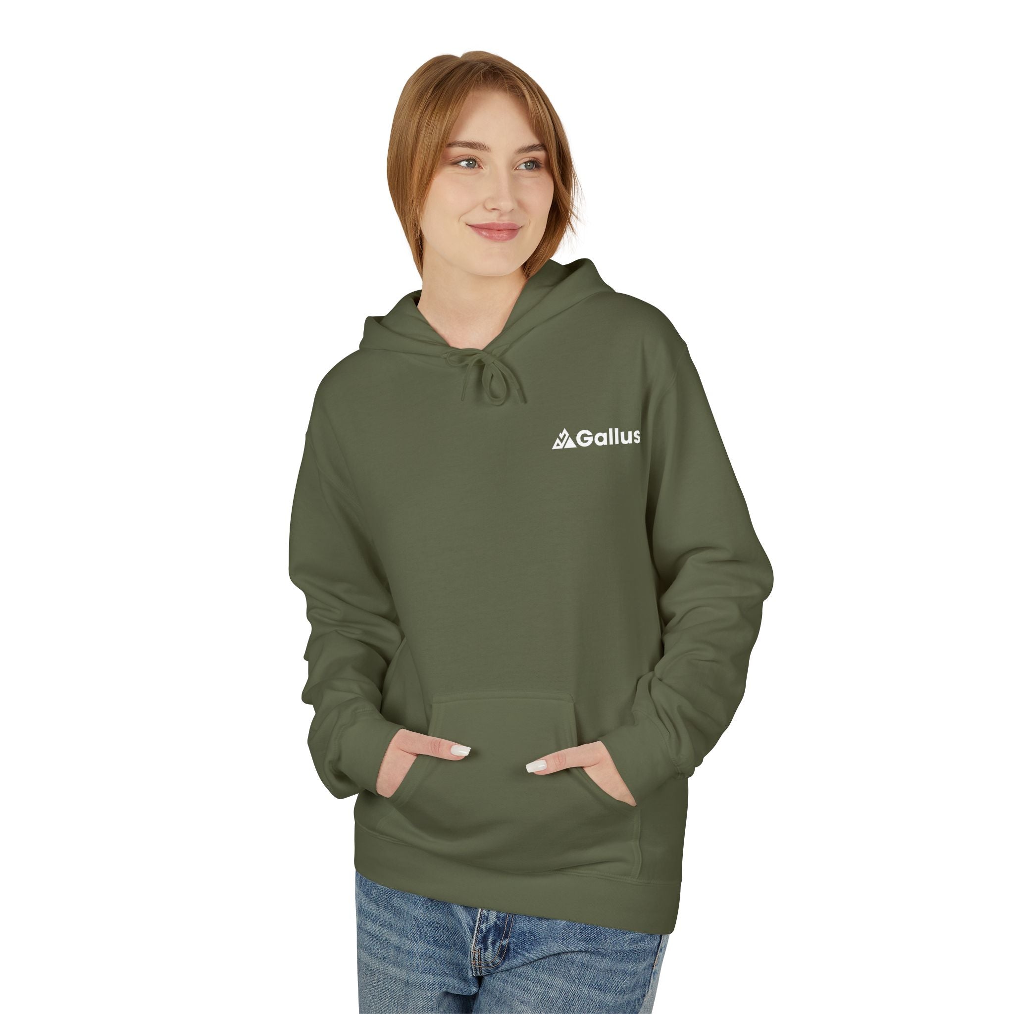 Gallus Mountain Hoodie — Olive Graphic Fleece Pullover with Backscape Print