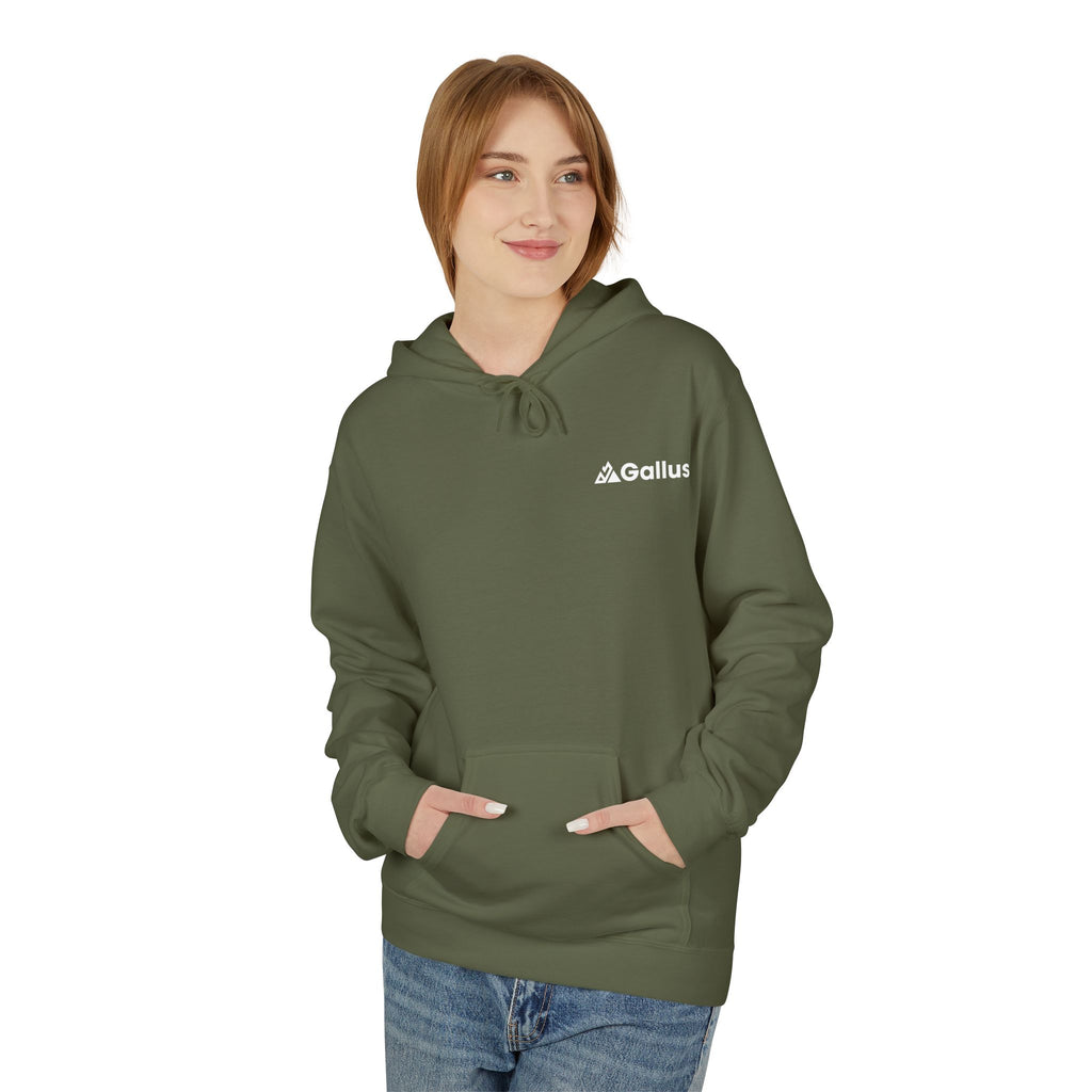 Gallus Mountain Hoodie — Olive Graphic Fleece Pullover with Backscape Print