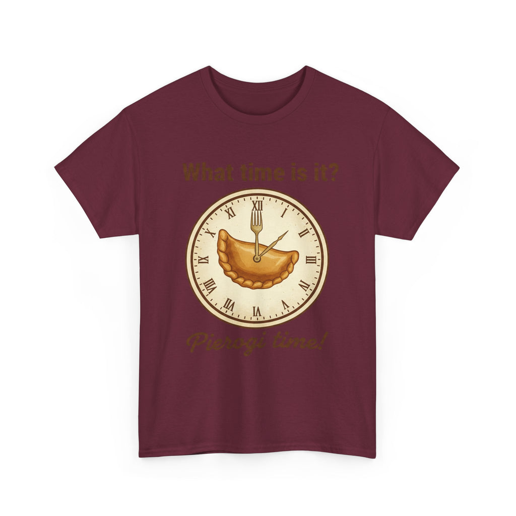 Pierogi Time T‑Shirt — "What time is it? Pierogi time!" Vintage Clock Food Tee