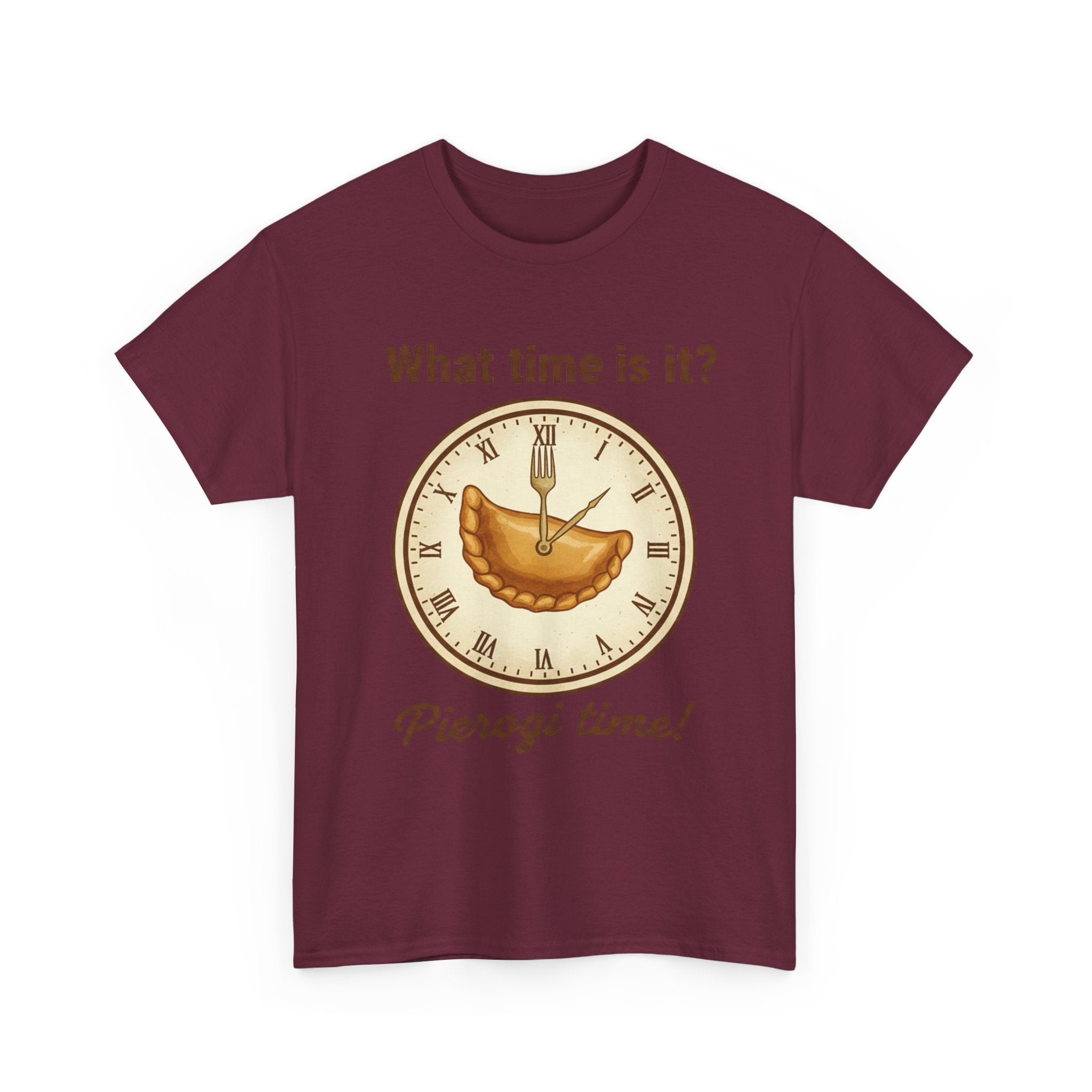 Pierogi Time T‑Shirt — "What time is it? Pierogi time!" Vintage Clock Food Tee