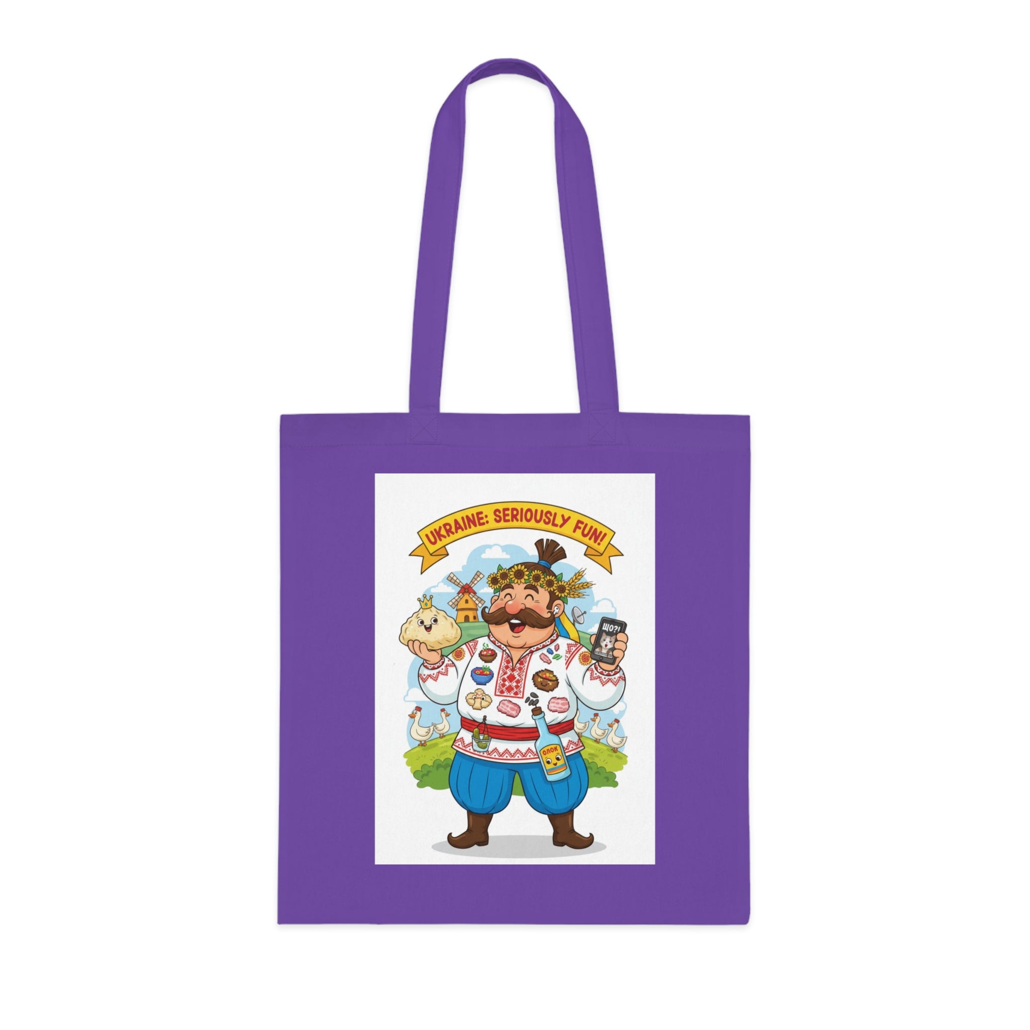 Ukrainian Pride Cotton Tote — "Ukraine Seriously? Fun!" Folk Character Market Bag