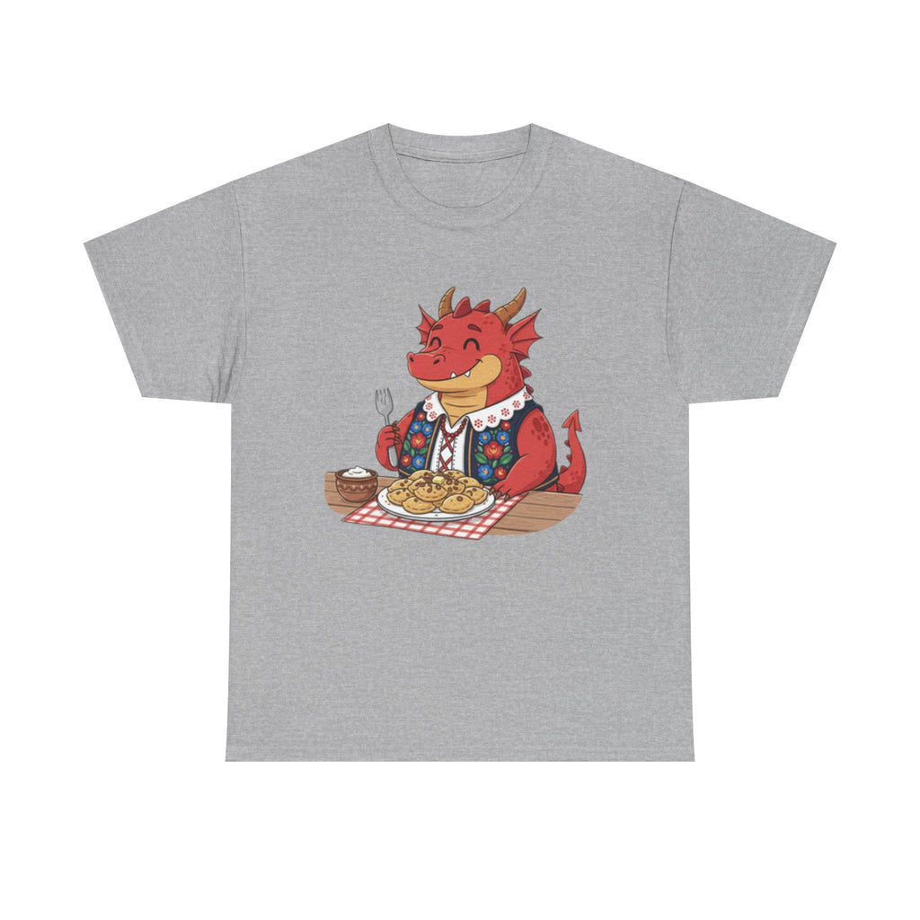 Dragon Eating Pierogi T-Shirt — "Mój nowy smok. Też lubi pierogi." Cute Polish Food Tee