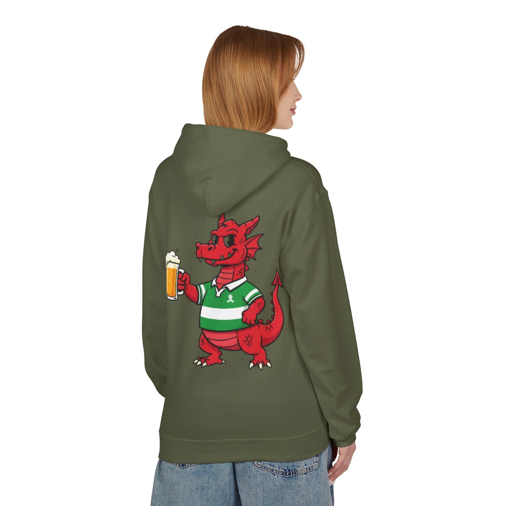 Welsh Dragon Drinking Beer Hoodie — Rugby Pub Fan Pullover