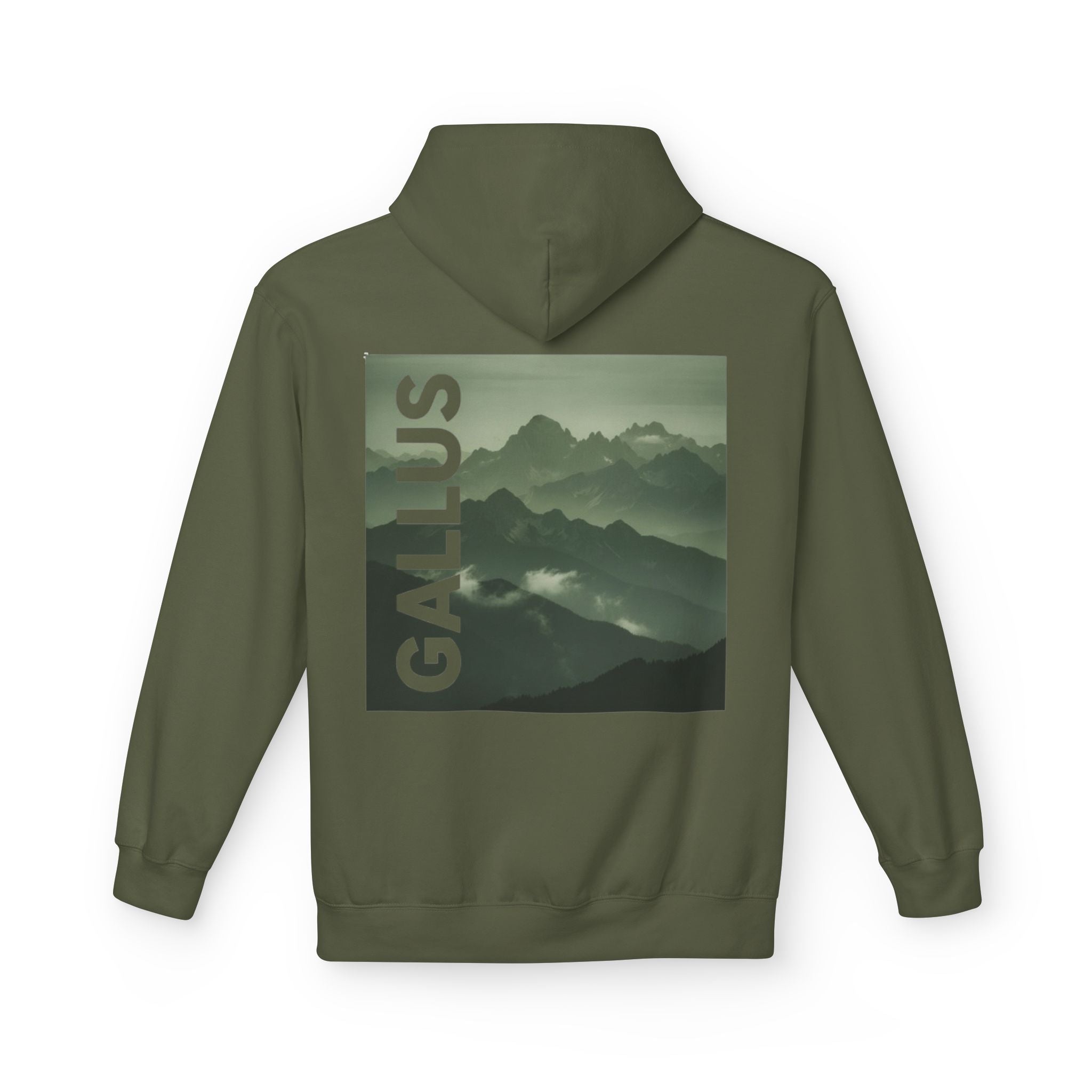 Gallus Mountain Hoodie — Olive Graphic Fleece Pullover with Backscape Print