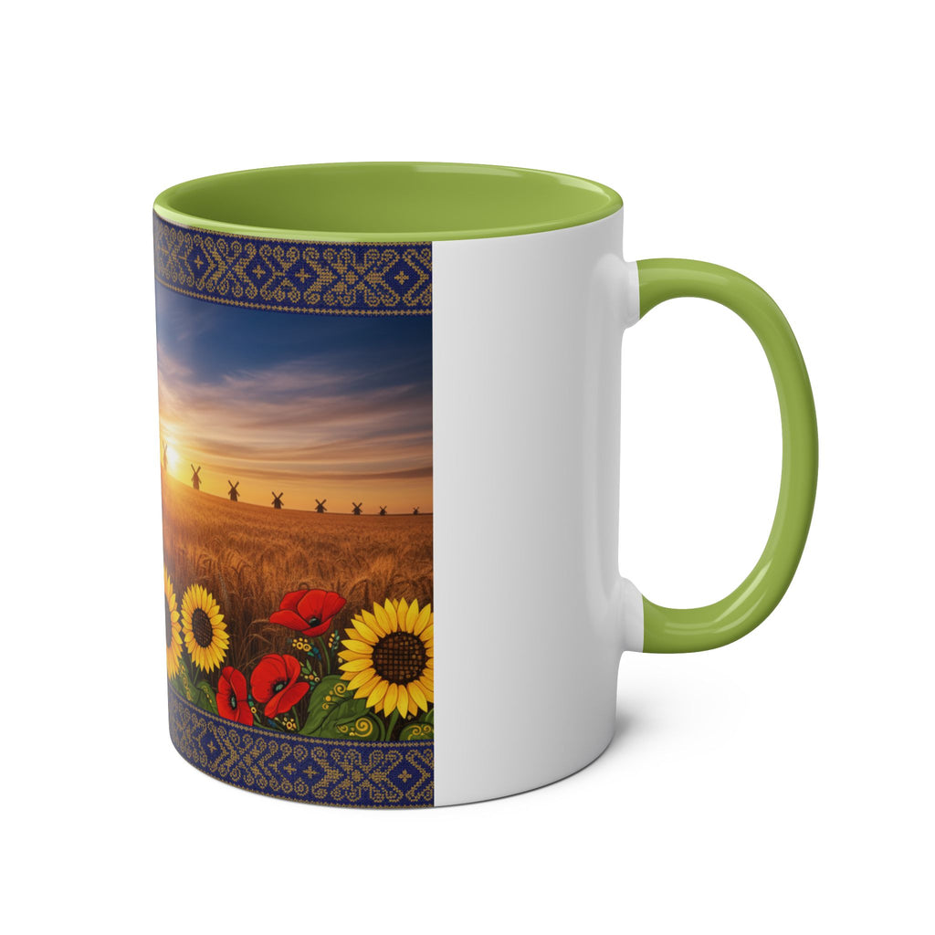 Sunflower Field Ceramic Mug — Two-Tone 11oz Coffee Cup with Sunrise & Windmills Design