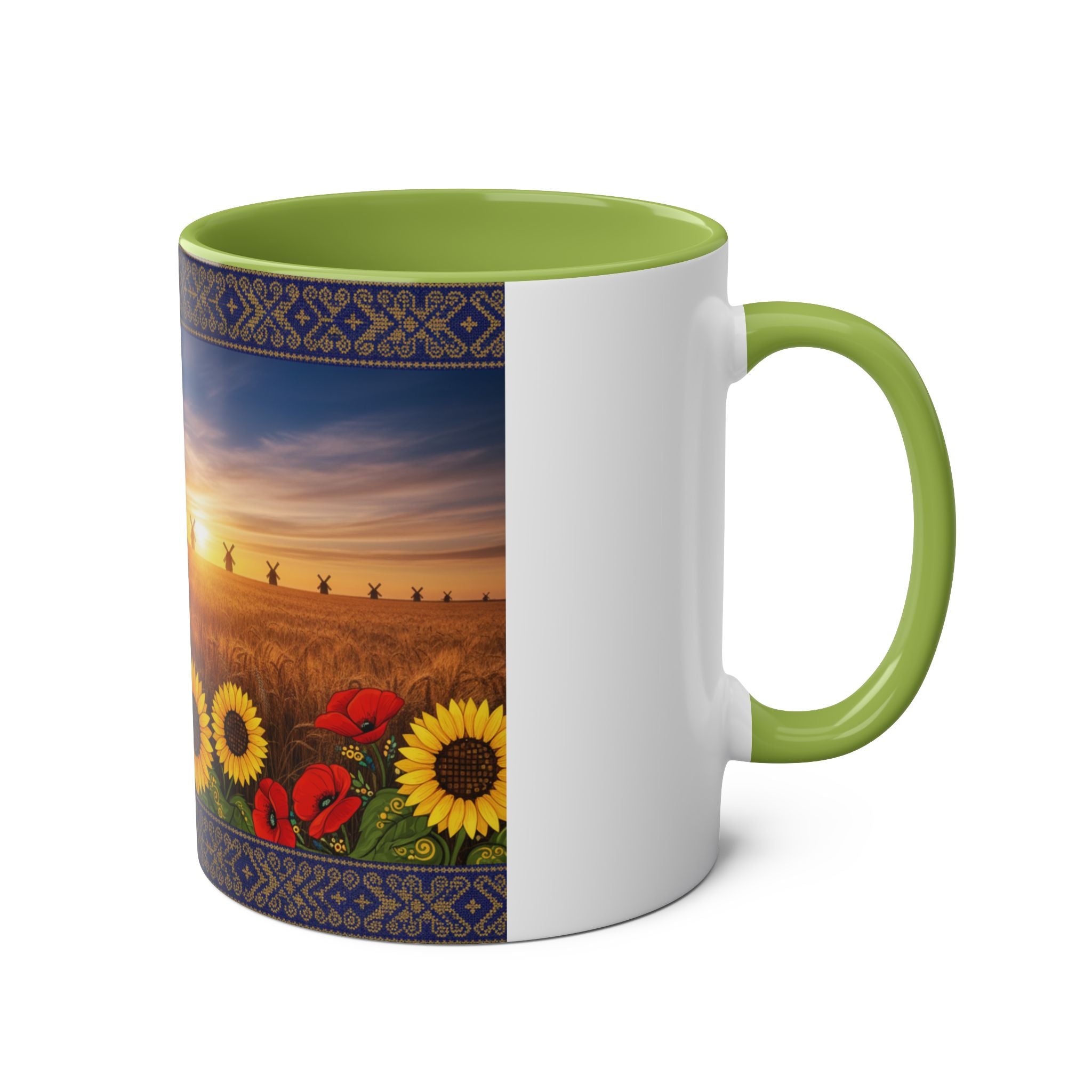 Sunflower Field Ceramic Mug — Two-Tone 11oz Coffee Cup with Sunrise & Windmills Design