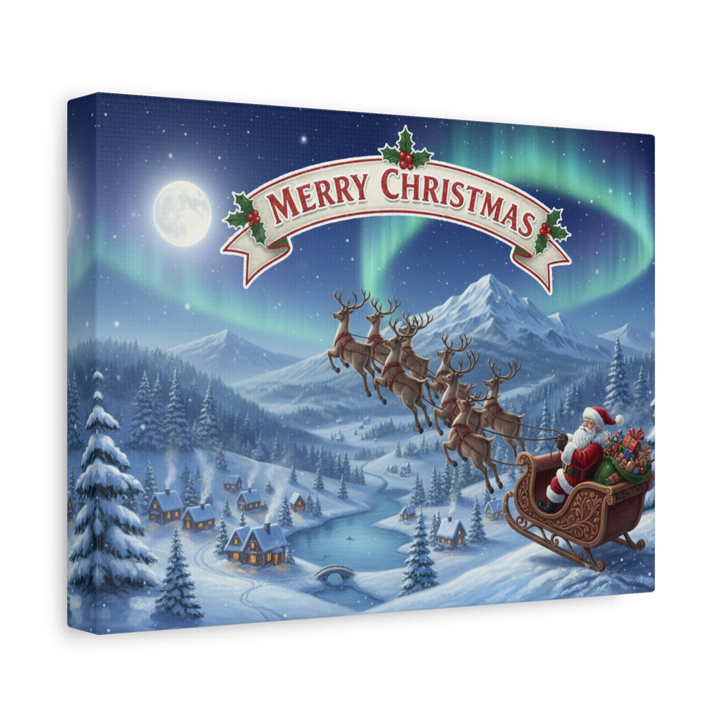 Merry Christmas Canvas Wall Art — Santa Sleigh over Snowy Village