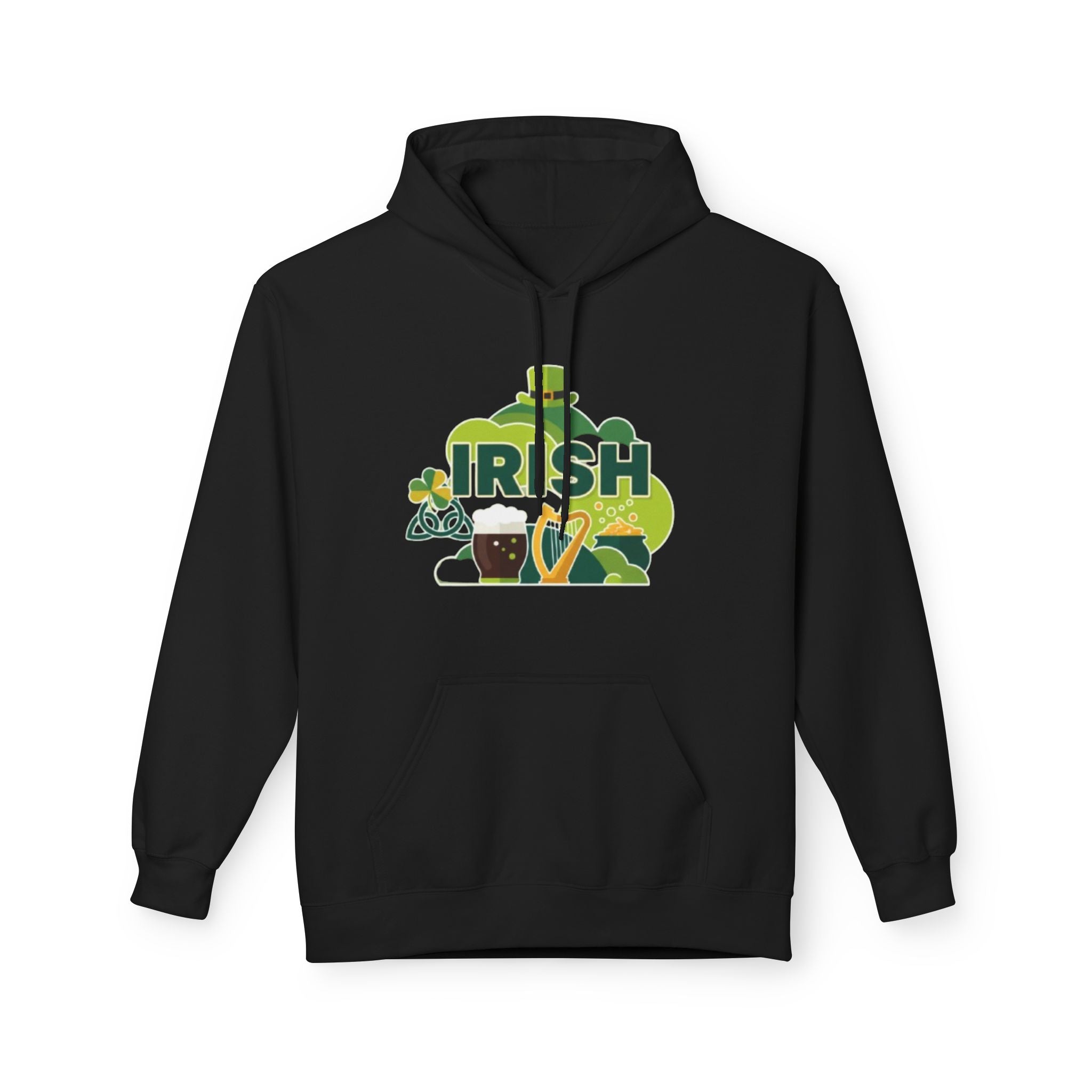 Irish St. Patrick's Day Hoodie — Shamrock, Leprechaun Hat & Pint Design
