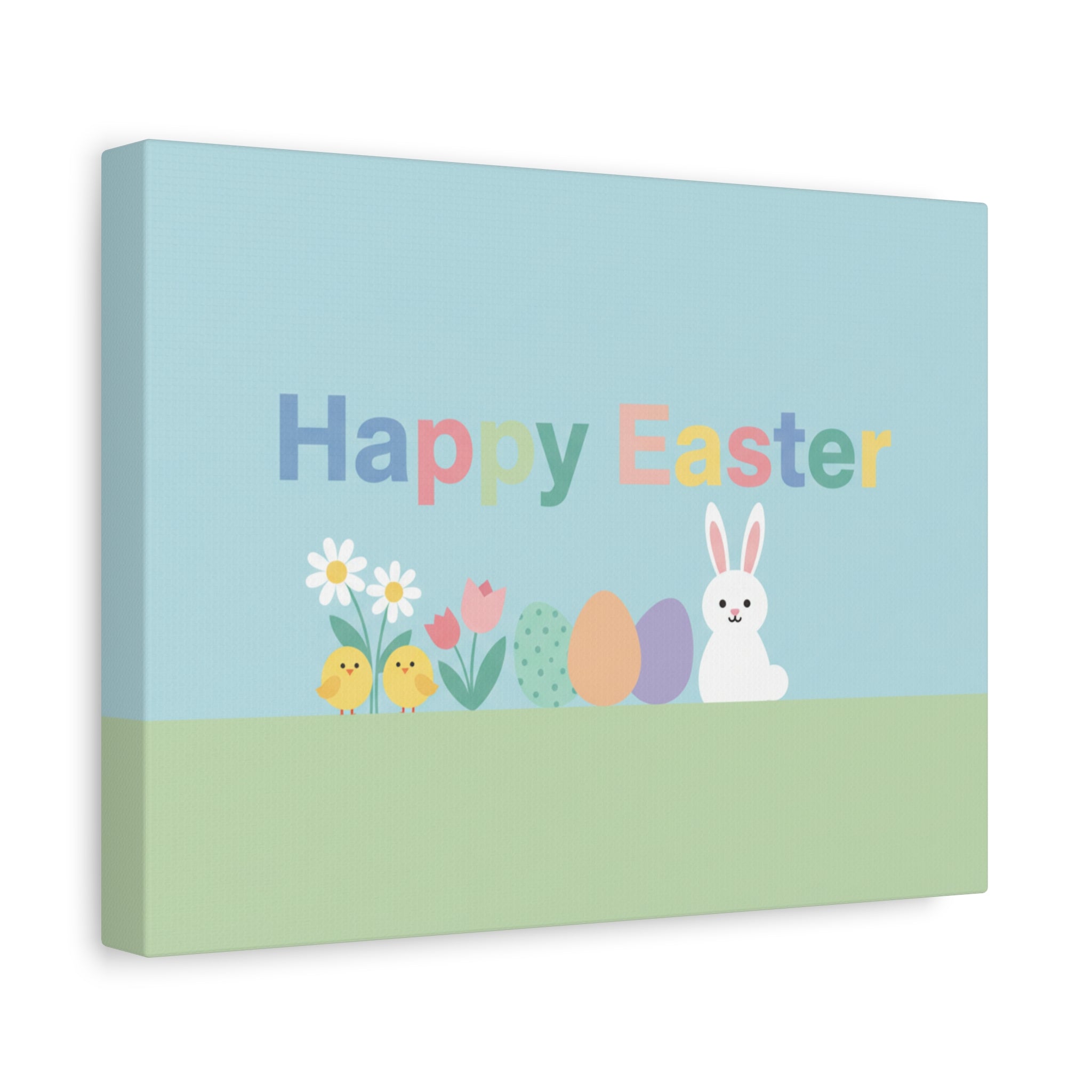 Happy Easter Canvas Wall Art — Pastel Bunny, Chicks & Eggs Matte Stretched Canvas