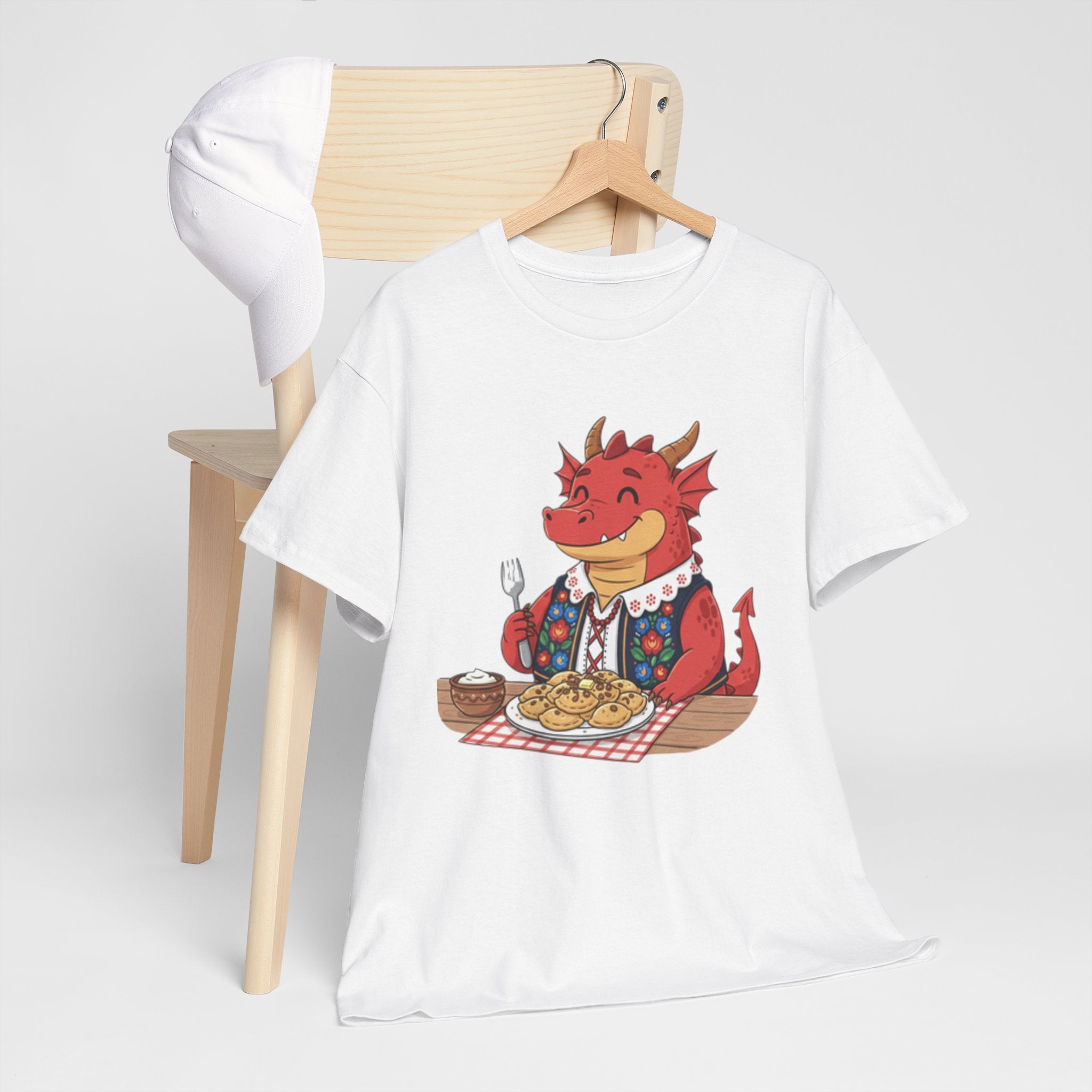 Dragon Eating Pierogi T-Shirt — "Mój nowy smok. Też lubi pierogi." Cute Polish Food Tee