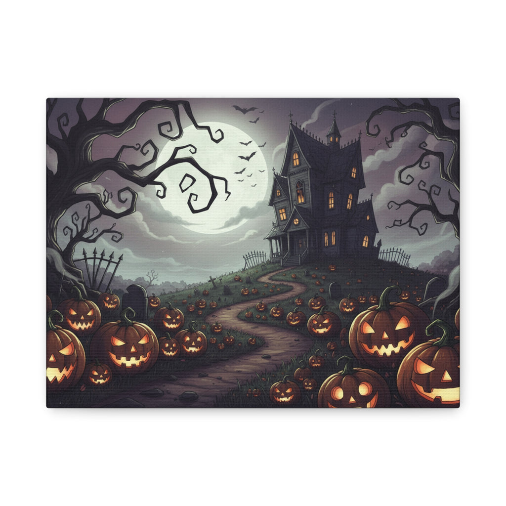 Haunted Pumpkin Patch Canvas Art — Spooky Halloween Haunted House Wall Decor